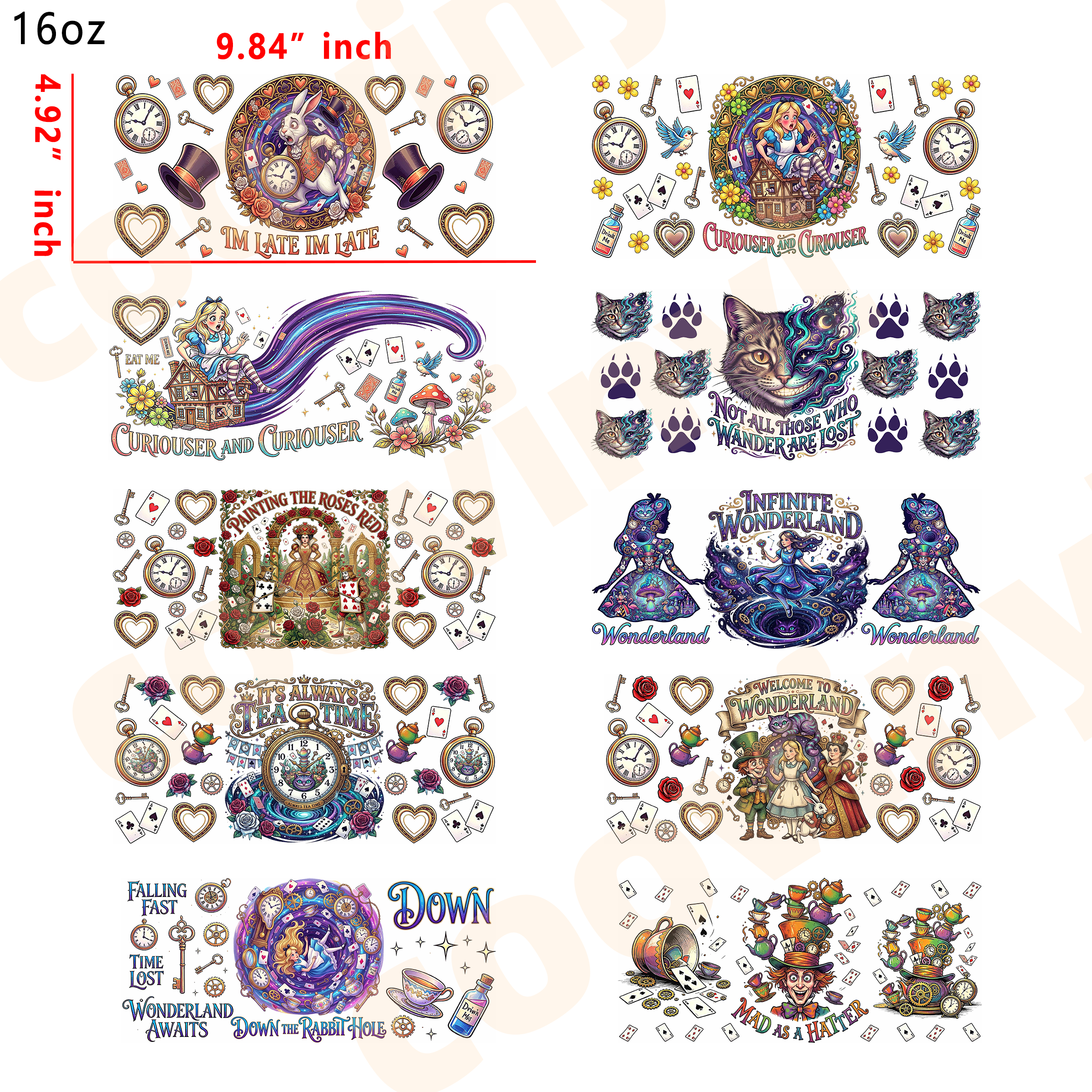 (L1) Alice in wonderland 10pcs  16OZ Tumbler Cup Wraps, Waterproof Fade-Resistant Decal Stickers, Vivid HD Print with Strong Adhesion, Customizable Transfers for Glass Cups, Mugs & Smooth Surfaces, DIY Art Craft Supplies