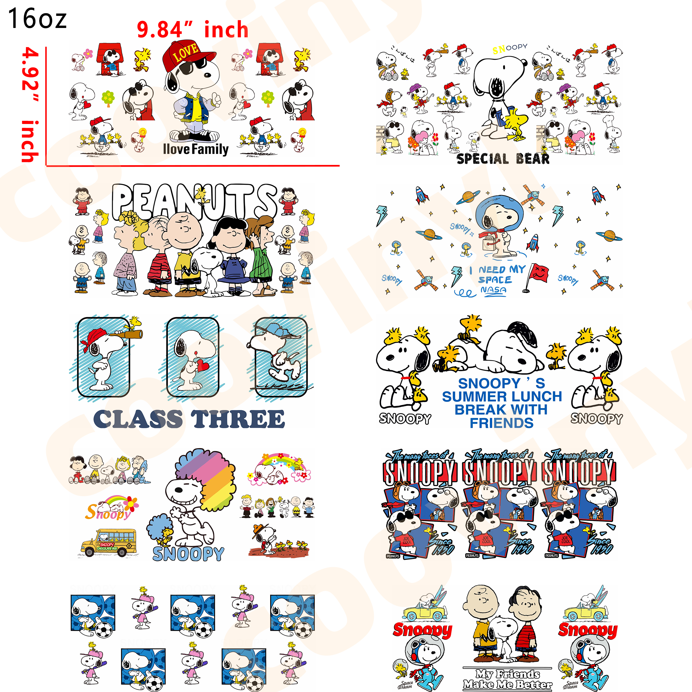 (U79) snoopy 10pcs  16OZ Tumbler Cup Wraps, Waterproof Fade-Resistant Decal Stickers, Vivid HD Print with Strong Adhesion, Customizable Transfers for Glass Cups, Mugs & Smooth Surfaces, DIY Art Craft Supplies
