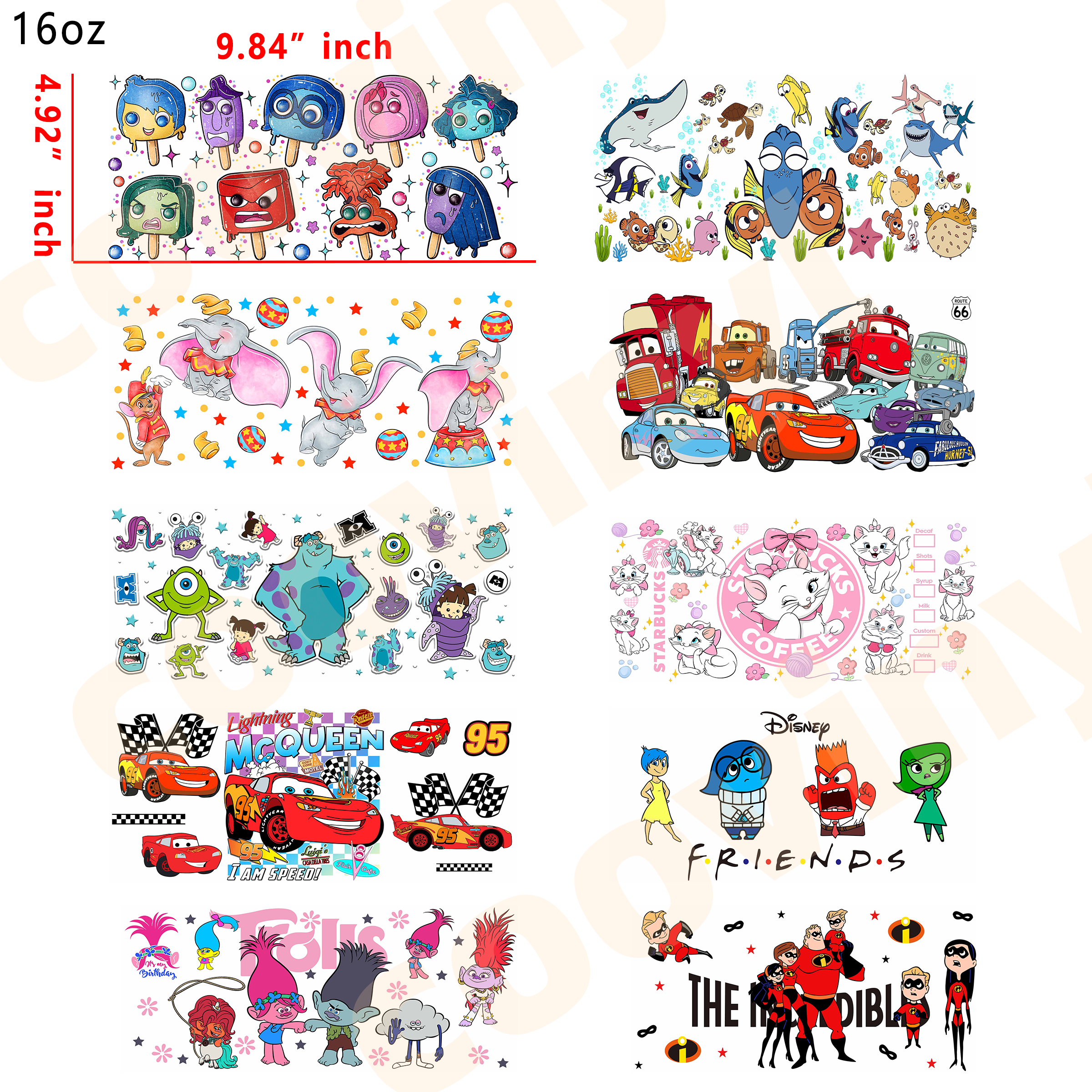 (X22) disney cartoom 10pcs  16OZ Tumbler Cup Wraps, Waterproof Fade-Resistant Decal Stickers, Vivid HD Print with Strong Adhesion, Customizable Transfers for Glass Cups, Mugs & Smooth Surfaces, DIY Art Craft Supplies