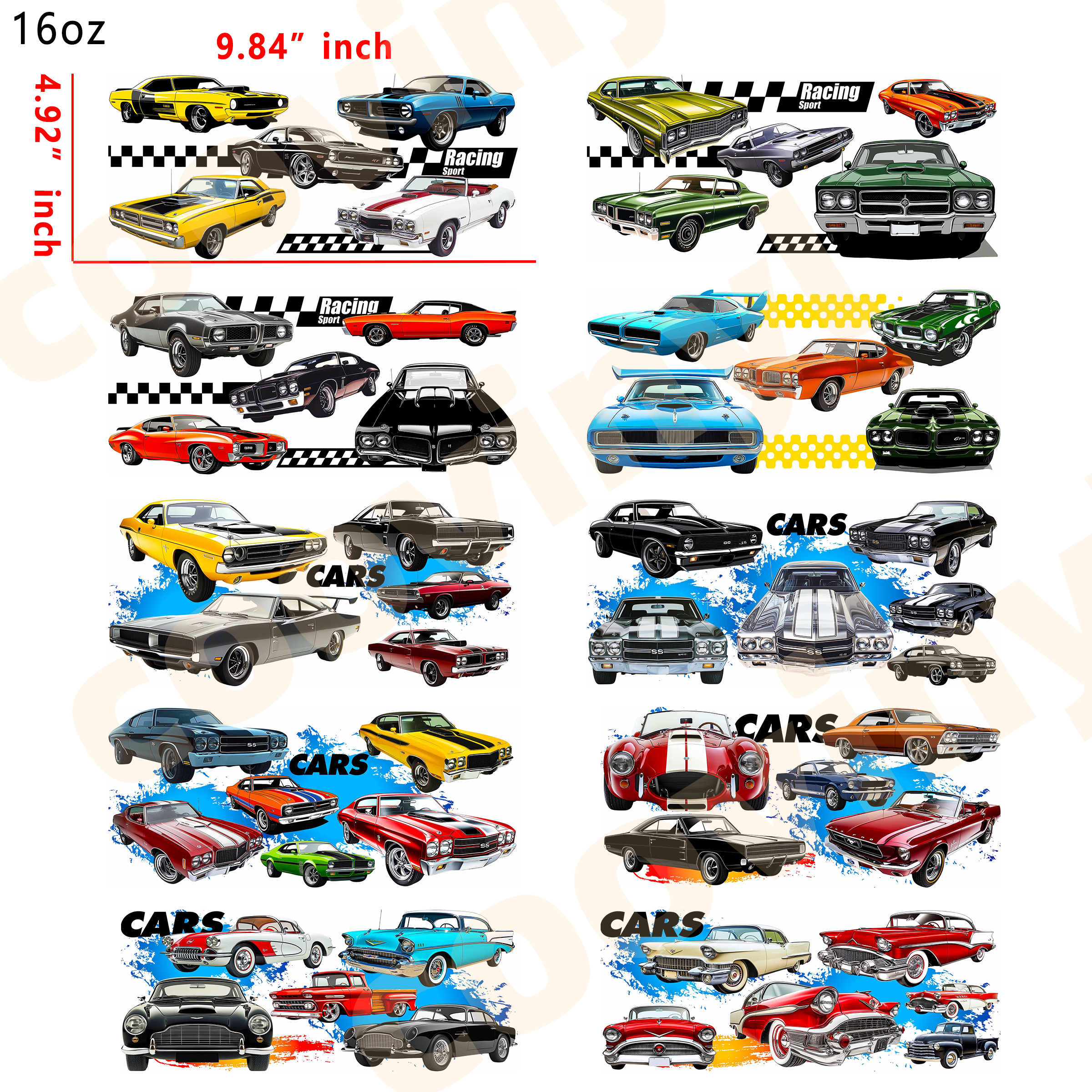 (X98) cars 10pcs  16OZ Tumbler Cup Wraps, Waterproof Fade-Resistant Decal Stickers, Vivid HD Print with Strong Adhesion, Customizable Transfers for Glass Cups, Mugs & Smooth Surfaces, DIY Art Craft Supplies