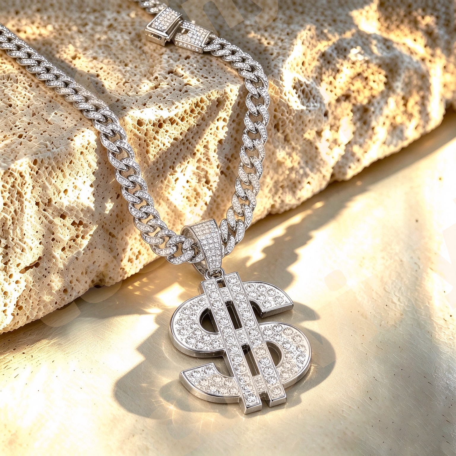 doller Iced Out Geometric Pendant Necklace, Hip Hop Full Rhinestone Cuban Link Chain, Men Drop Oil Sports Style Jewelry,silver