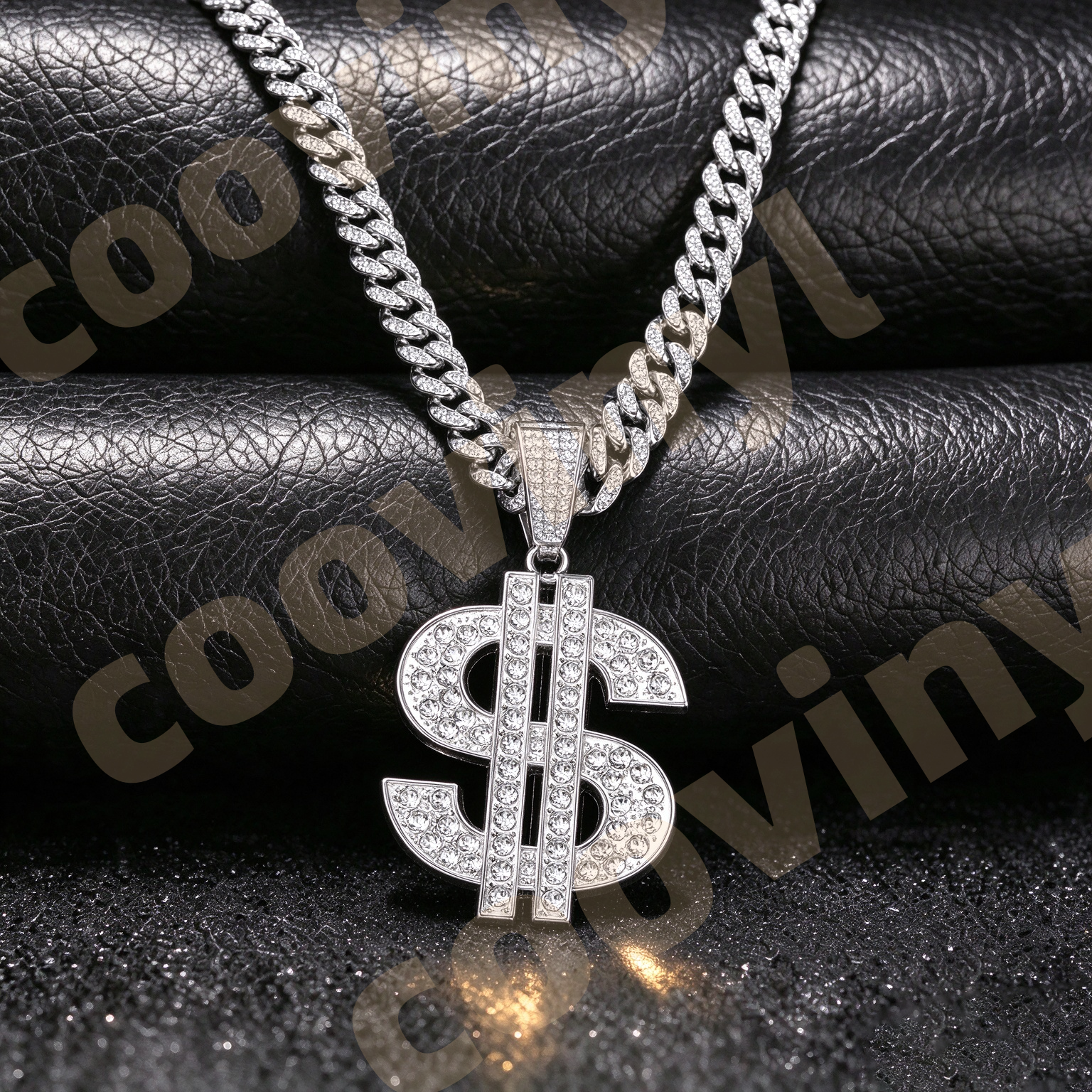 doller Iced Out Geometric Pendant Necklace, Hip Hop Full Rhinestone Cuban Link Chain, Men Drop Oil Sports Style Jewelry,silver