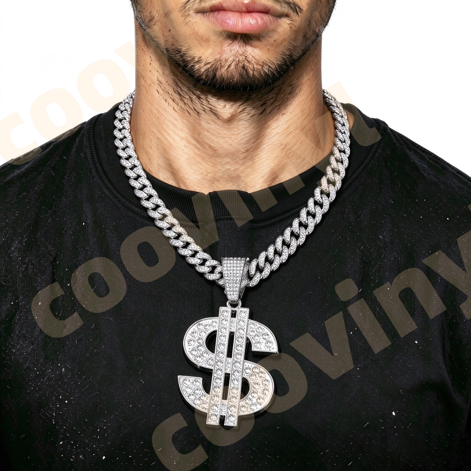 doller Iced Out Geometric Pendant Necklace, Hip Hop Full Rhinestone Cuban Link Chain, Men Drop Oil Sports Style Jewelry,silver