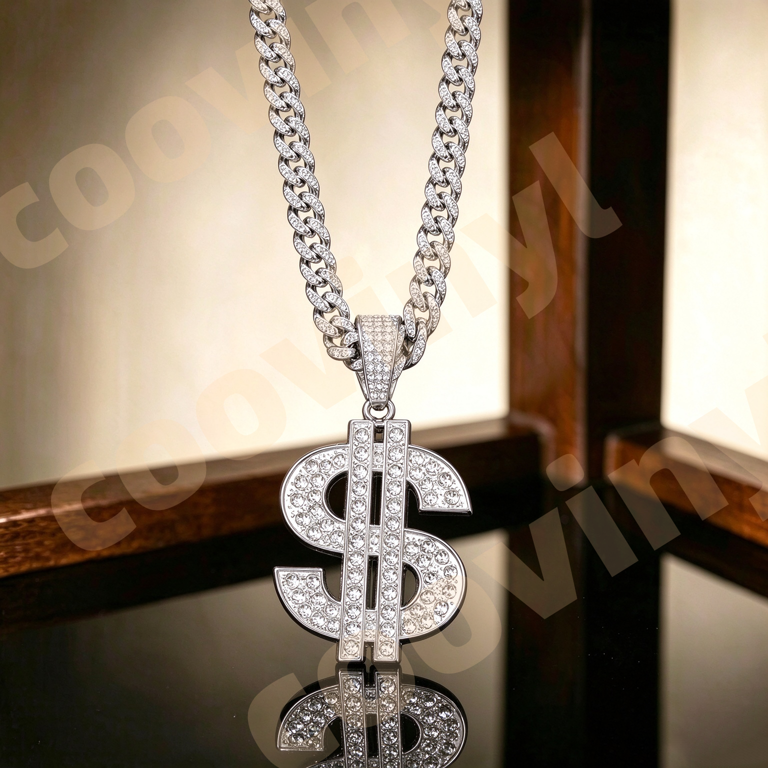 doller Iced Out Geometric Pendant Necklace, Hip Hop Full Rhinestone Cuban Link Chain, Men Drop Oil Sports Style Jewelry,silver