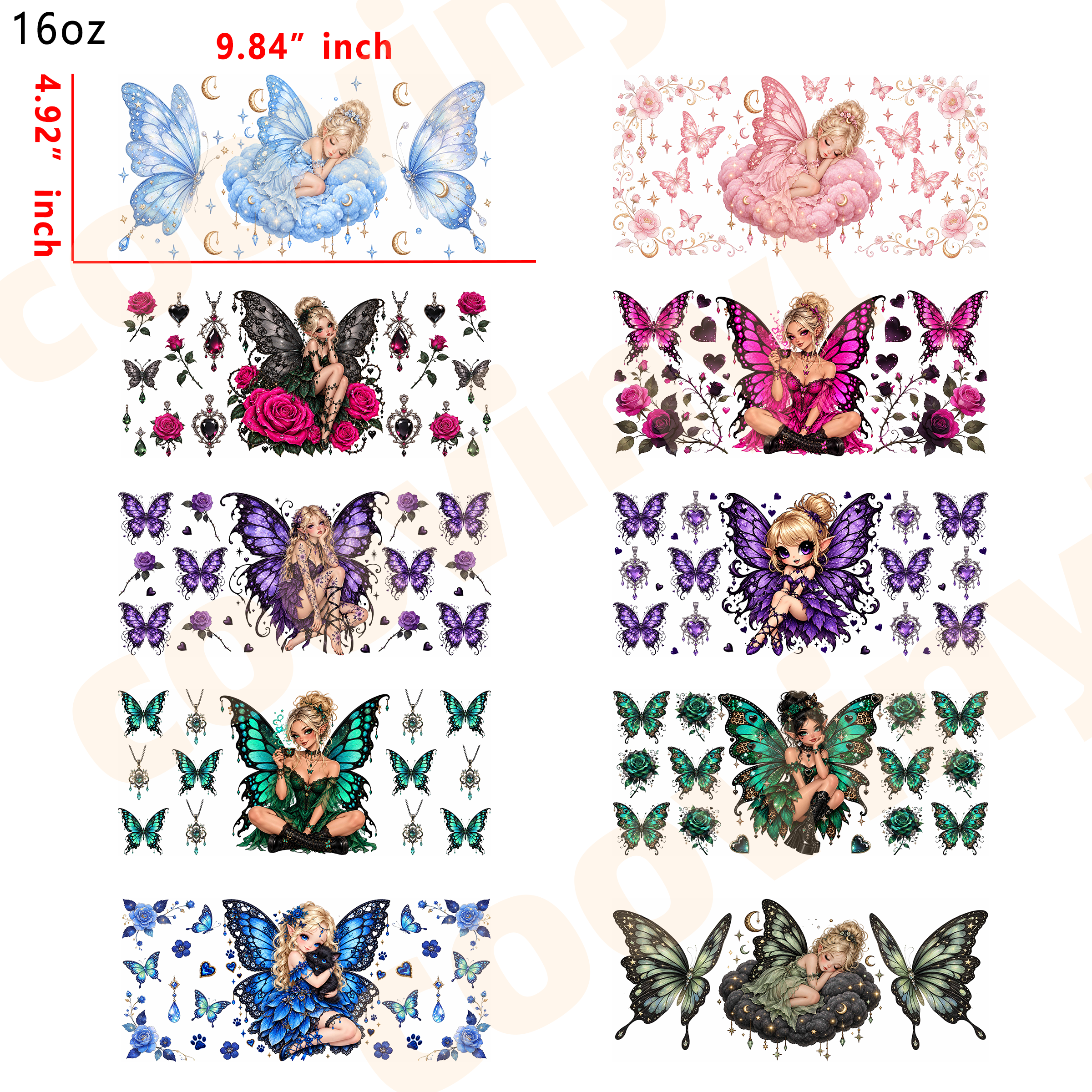 (K28) Butterfly Princess 10pcs  16OZ Tumbler Cup Wraps, Waterproof Fade-Resistant Decal Stickers, Vivid HD Print with Strong Adhesion, Customizable Transfers for Glass Cups, Mugs & Smooth Surfaces, DIY Art Craft Supplies