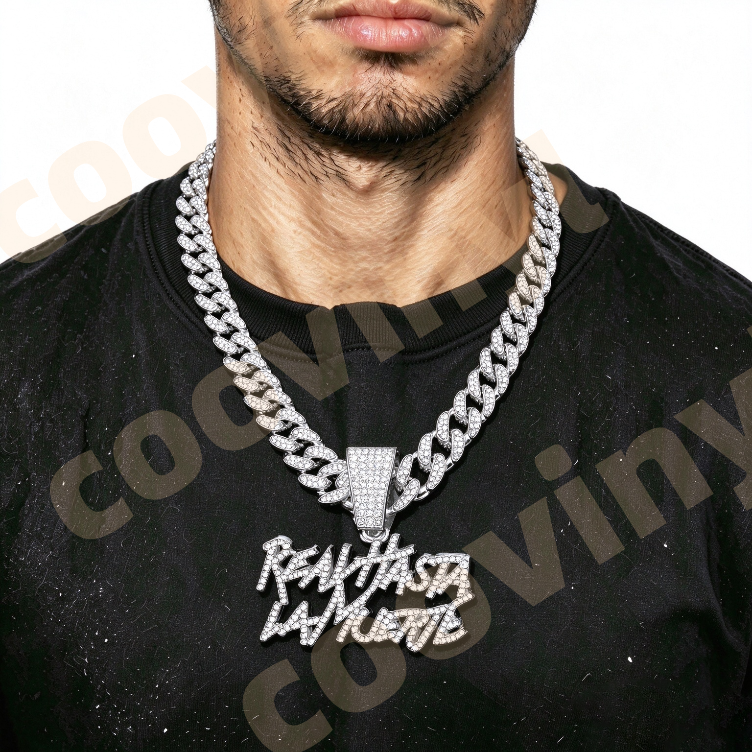 Real As It Gets Iced Out Geometric Pendant Necklace, Hip Hop Full Rhinestone Cuban Link Chain, Men Drop Oil Sports Style Jewelry,silver