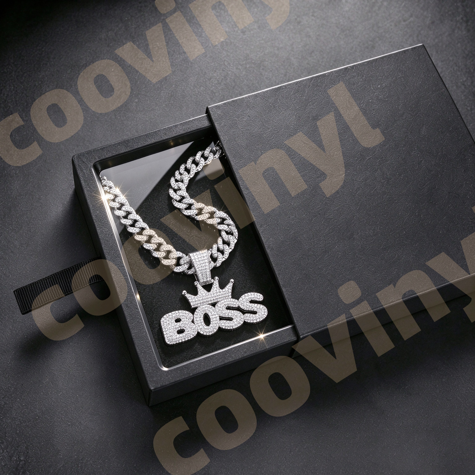 boss Iced Out Geometric Pendant Necklace, Hip Hop Full Rhinestone Cuban Link Chain, Men Drop Oil Sports Style Jewelry,silver
