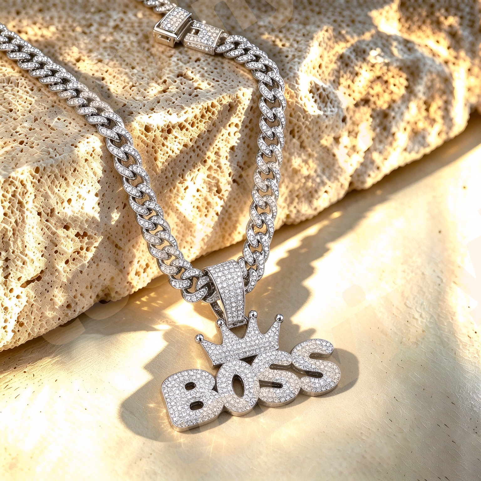 boss Iced Out Geometric Pendant Necklace, Hip Hop Full Rhinestone Cuban Link Chain, Men Drop Oil Sports Style Jewelry,silver