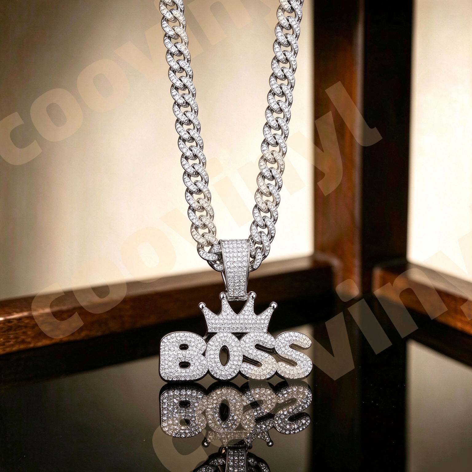 boss Iced Out Geometric Pendant Necklace, Hip Hop Full Rhinestone Cuban Link Chain, Men Drop Oil Sports Style Jewelry,silver