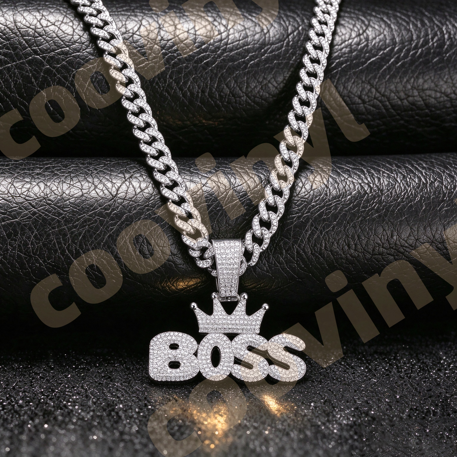 boss Iced Out Geometric Pendant Necklace, Hip Hop Full Rhinestone Cuban Link Chain, Men Drop Oil Sports Style Jewelry,silver