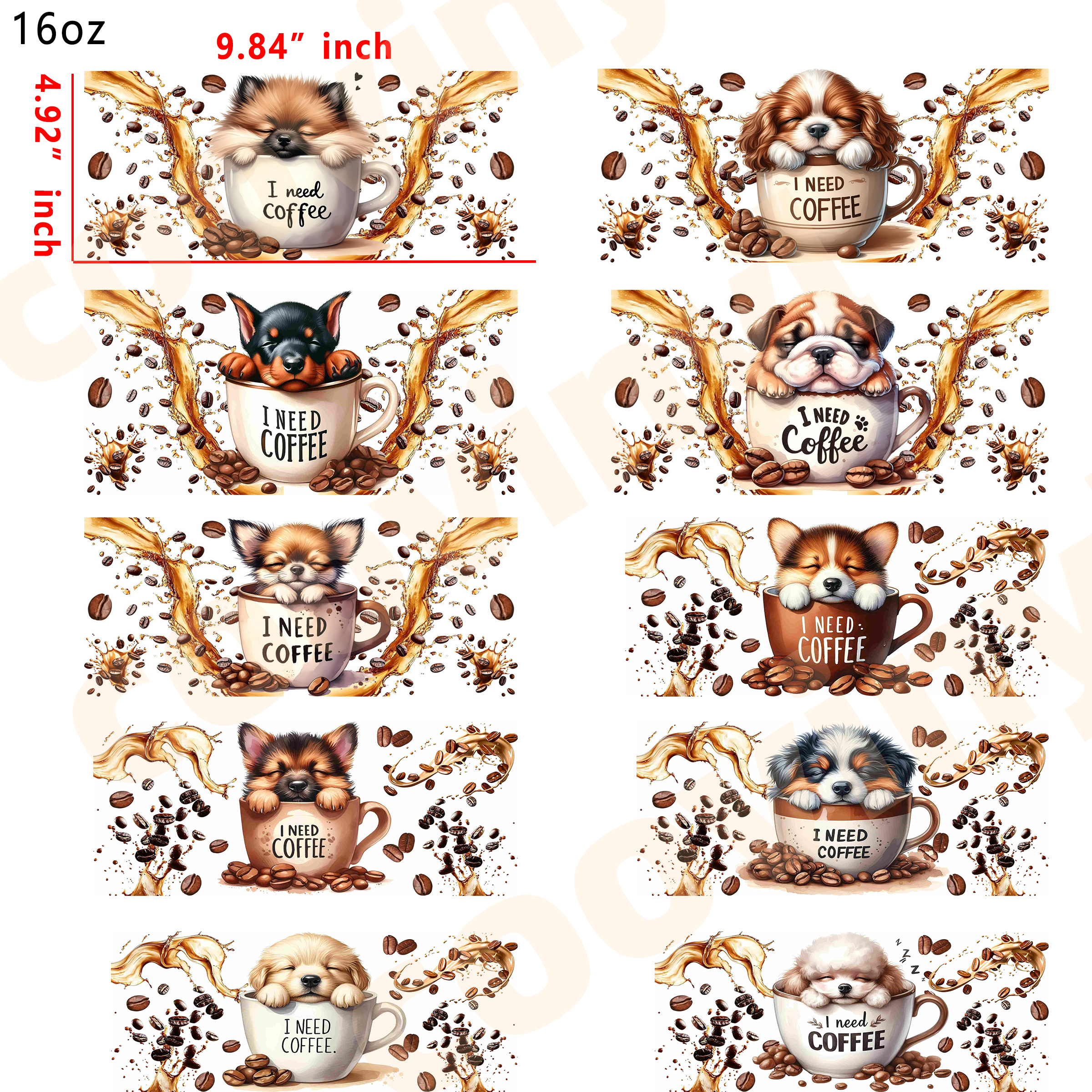 (X33) coffee dog 10pcs  16OZ Tumbler Cup Wraps, Waterproof Fade-Resistant Decal Stickers, Vivid HD Print with Strong Adhesion, Customizable Transfers for Glass Cups, Mugs & Smooth Surfaces, DIY Art Craft Supplies