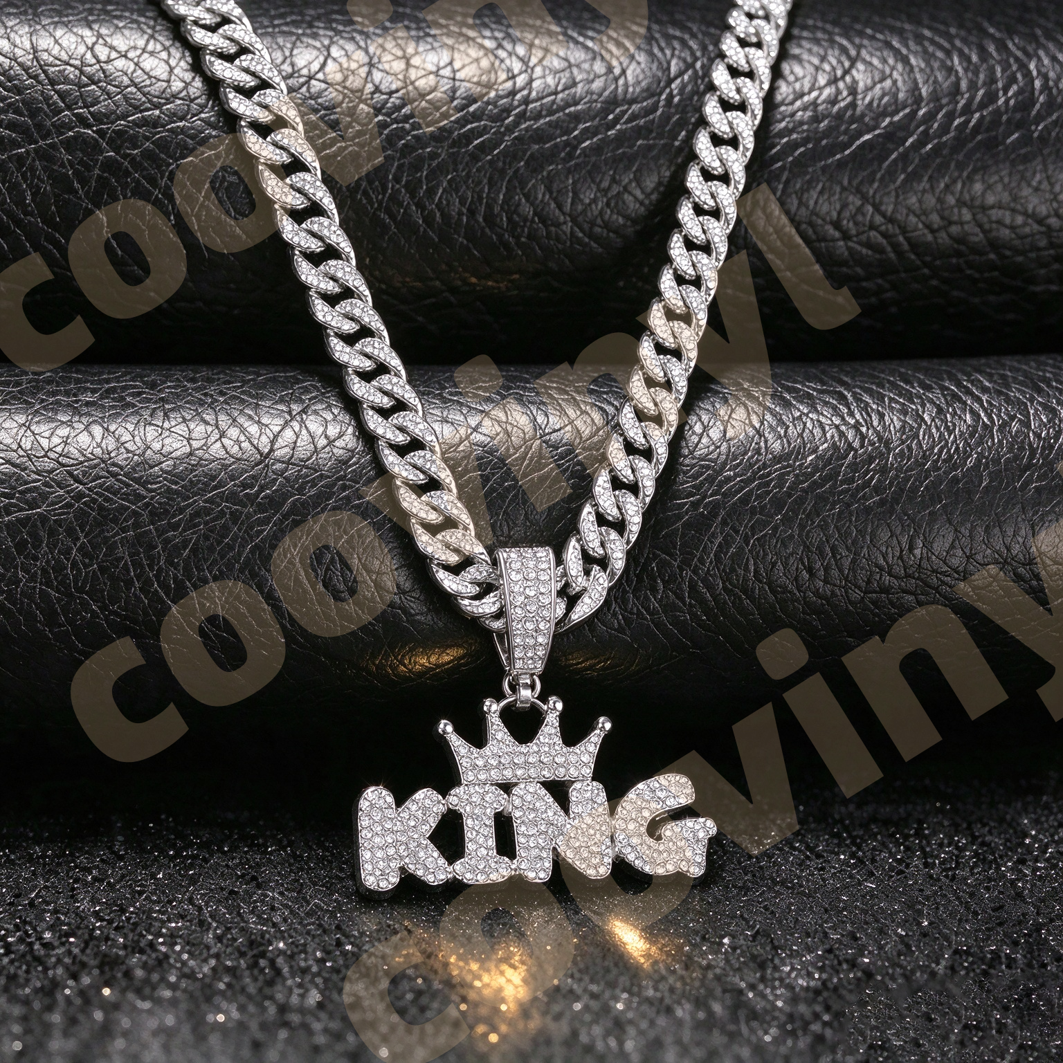 king Iced Out Geometric Pendant Necklace, Hip Hop Full Rhinestone Cuban Link Chain, Men Drop Oil Sports Style Jewelry,silver