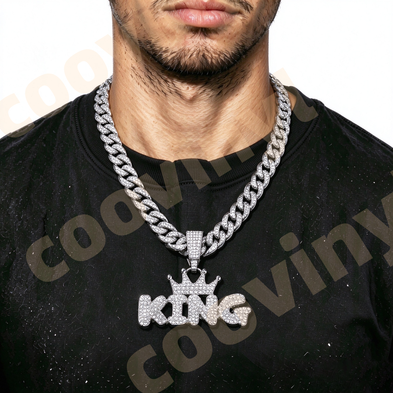 king Iced Out Geometric Pendant Necklace, Hip Hop Full Rhinestone Cuban Link Chain, Men Drop Oil Sports Style Jewelry,silver