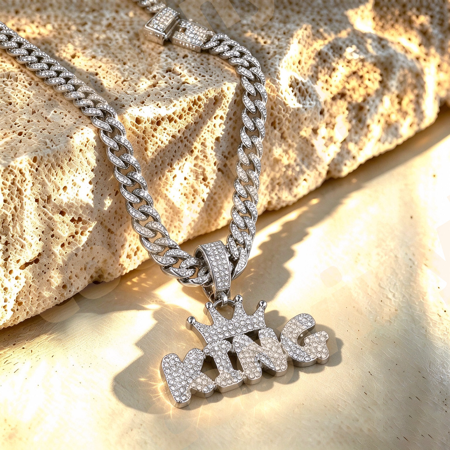 king Iced Out Geometric Pendant Necklace, Hip Hop Full Rhinestone Cuban Link Chain, Men Drop Oil Sports Style Jewelry,silver