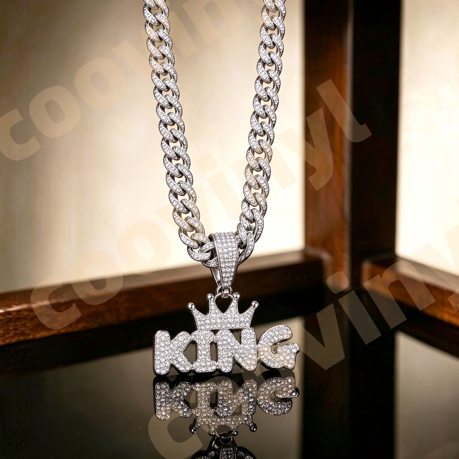 king Iced Out Geometric Pendant Necklace, Hip Hop Full Rhinestone Cuban Link Chain, Men Drop Oil Sports Style Jewelry,silver