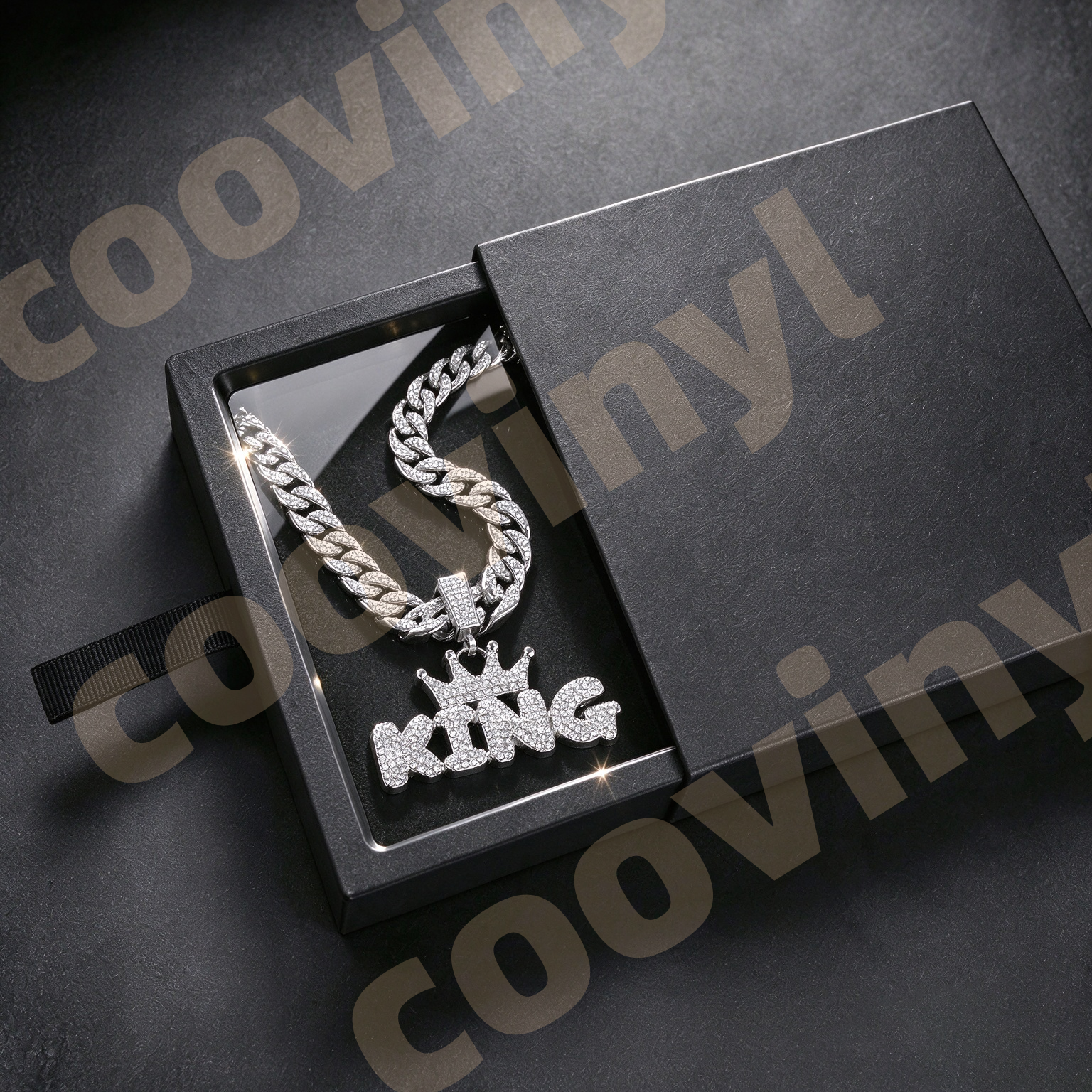 king Iced Out Geometric Pendant Necklace, Hip Hop Full Rhinestone Cuban Link Chain, Men Drop Oil Sports Style Jewelry,silver