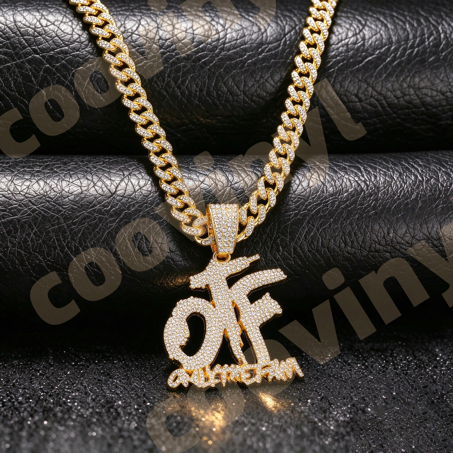 OTF Iced Out Geometric Pendant Necklace, Hip Hop Full Rhinestone Cuban Link Chain, Men Drop Oil Sports Style Jewelry,gold