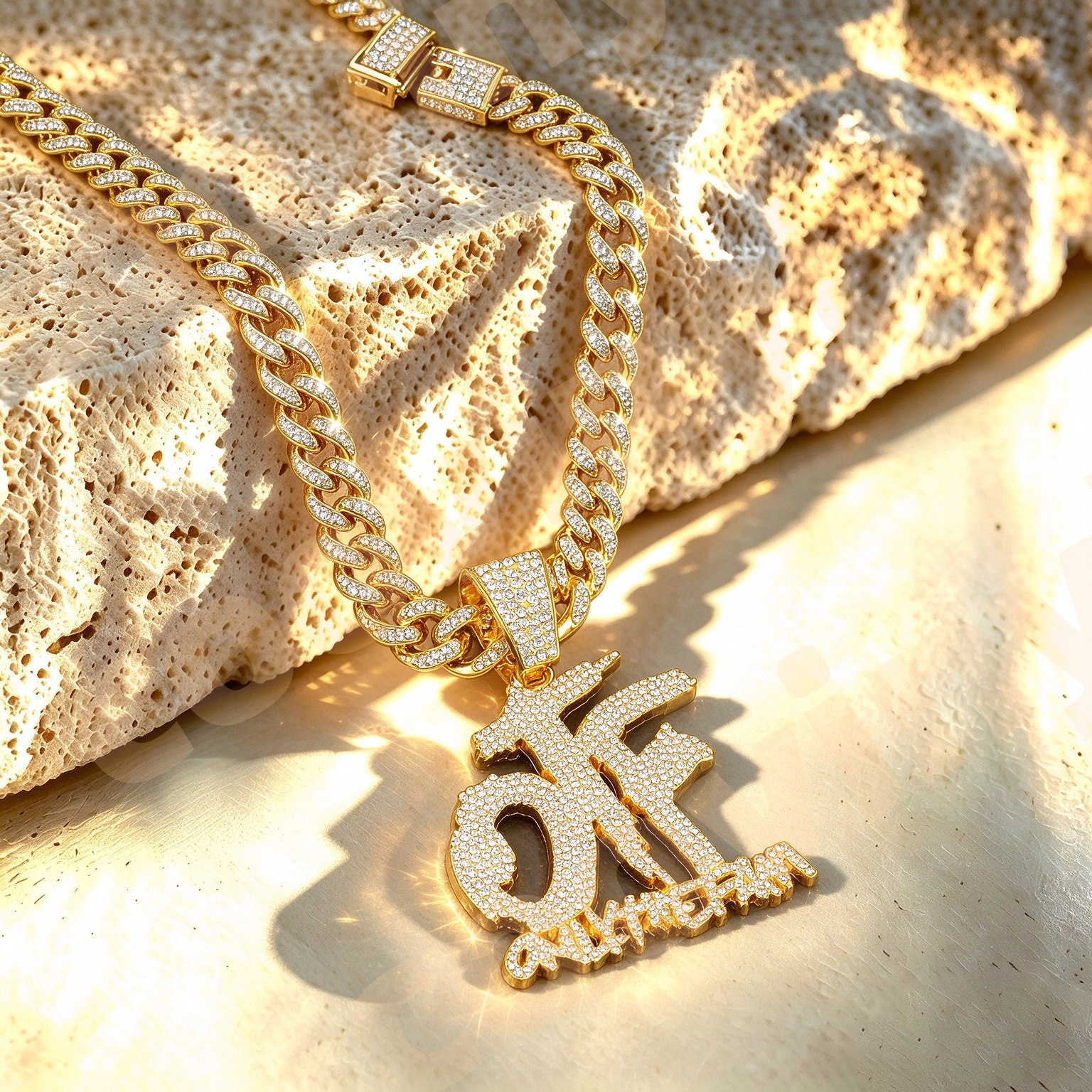 OTF Iced Out Geometric Pendant Necklace, Hip Hop Full Rhinestone Cuban Link Chain, Men Drop Oil Sports Style Jewelry,gold
