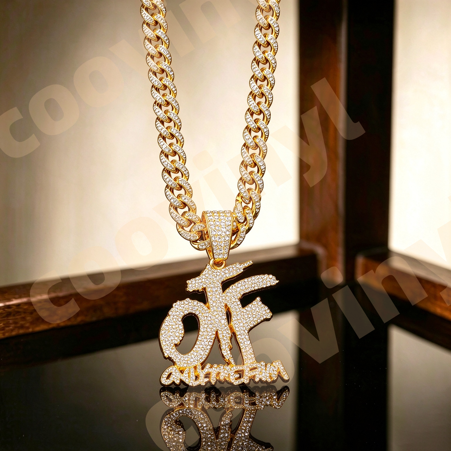 OTF Iced Out Geometric Pendant Necklace, Hip Hop Full Rhinestone Cuban Link Chain, Men Drop Oil Sports Style Jewelry,gold