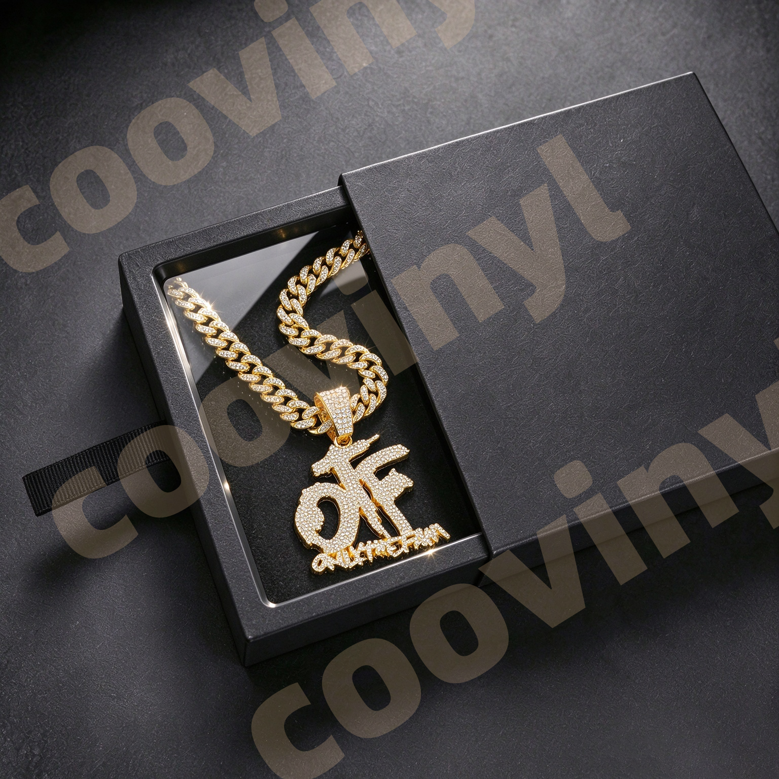 OTF Iced Out Geometric Pendant Necklace, Hip Hop Full Rhinestone Cuban Link Chain, Men Drop Oil Sports Style Jewelry,gold
