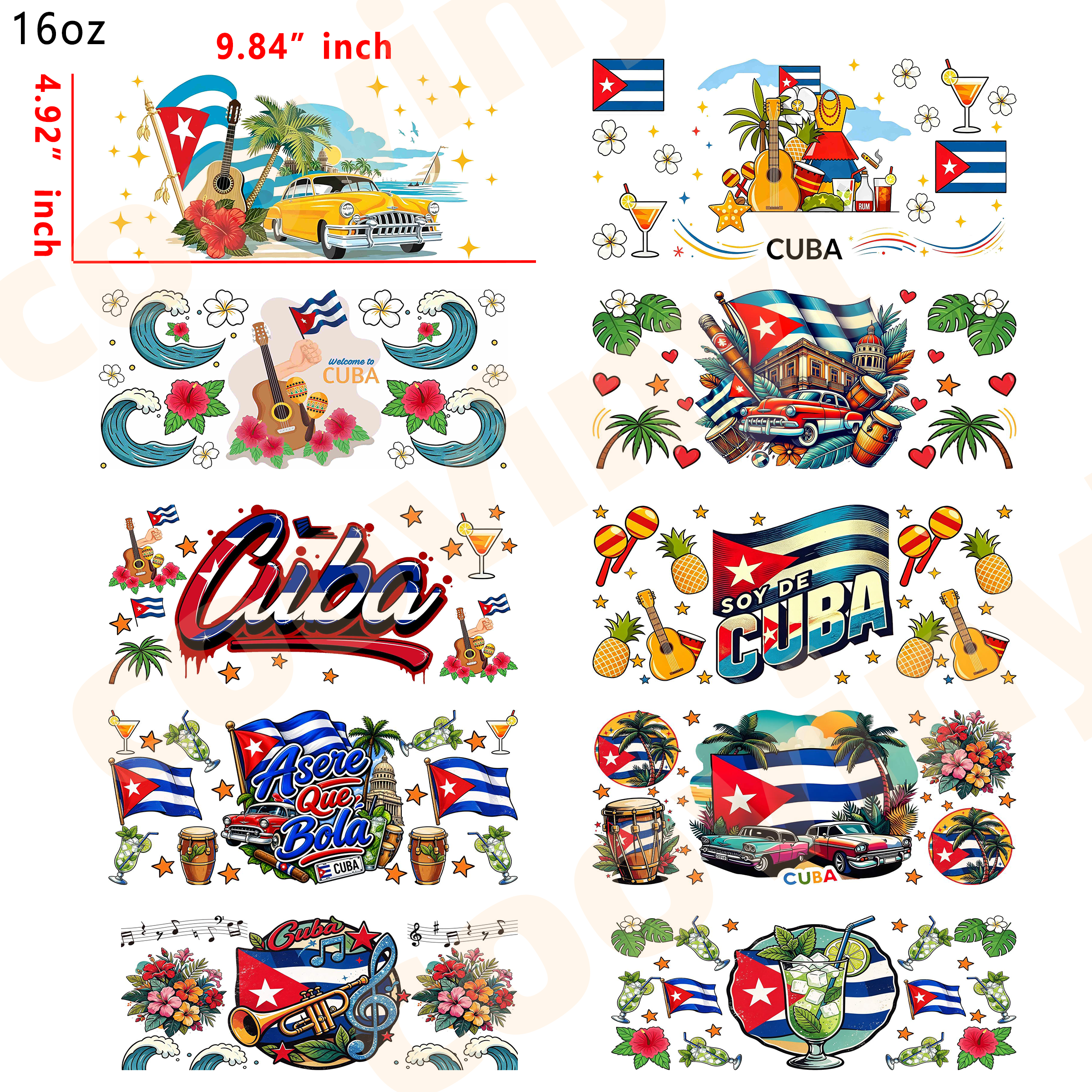 (E41) Cuba 10pcs  16OZ Tumbler Cup Wraps, Waterproof Fade-Resistant Decal Stickers, Vivid HD Print with Strong Adhesion, Customizable Transfers for Glass Cups, Mugs & Smooth Surfaces, DIY Art Craft Supplies