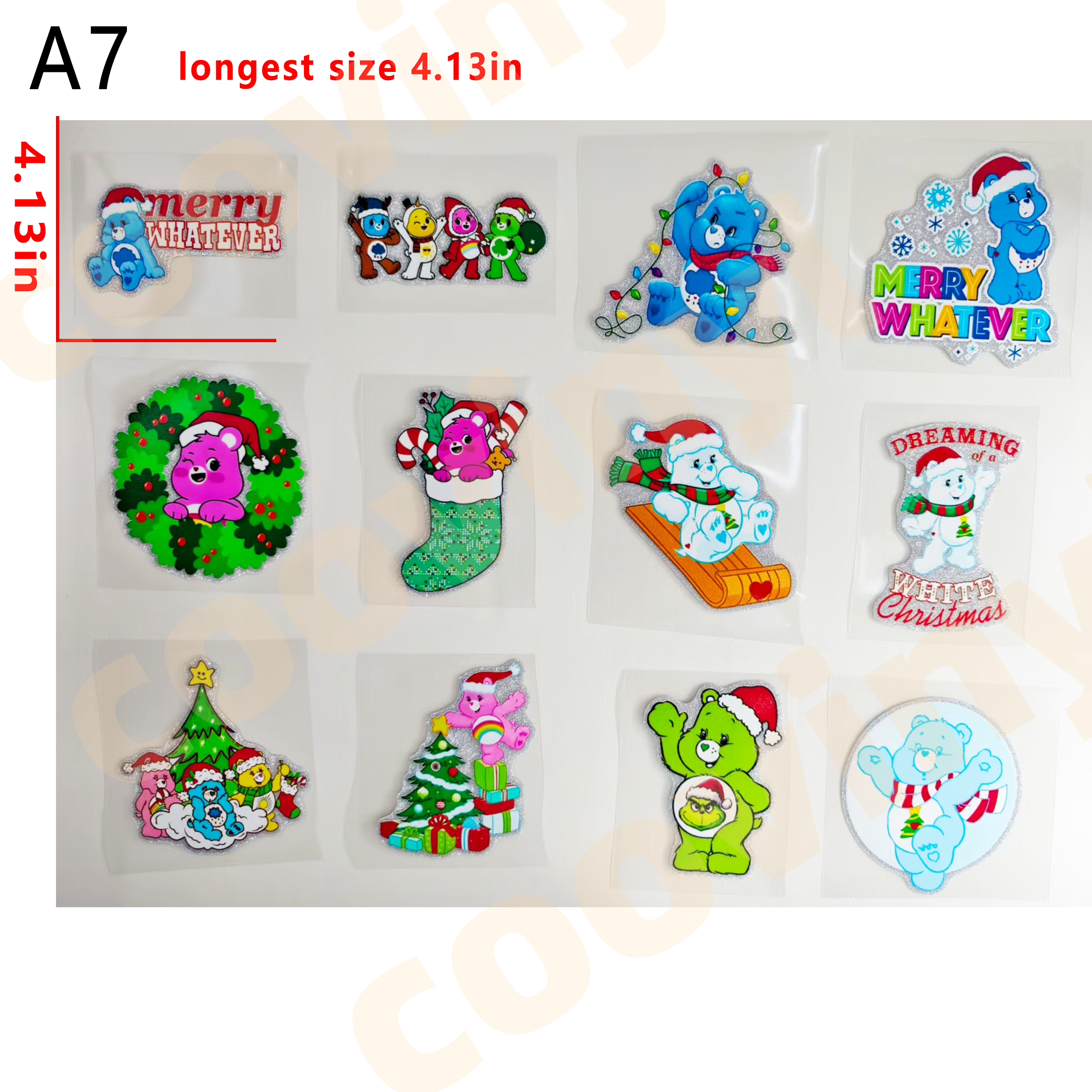 （G82) 12 PCS Christmas carebear cup wraps 16OZ tumbler  Waterproof Customized Craft Sticker Adhesive Vinyl Decal Glitter Sticker DIY Kit Ready to Use Vivid Color Strong Stickiness