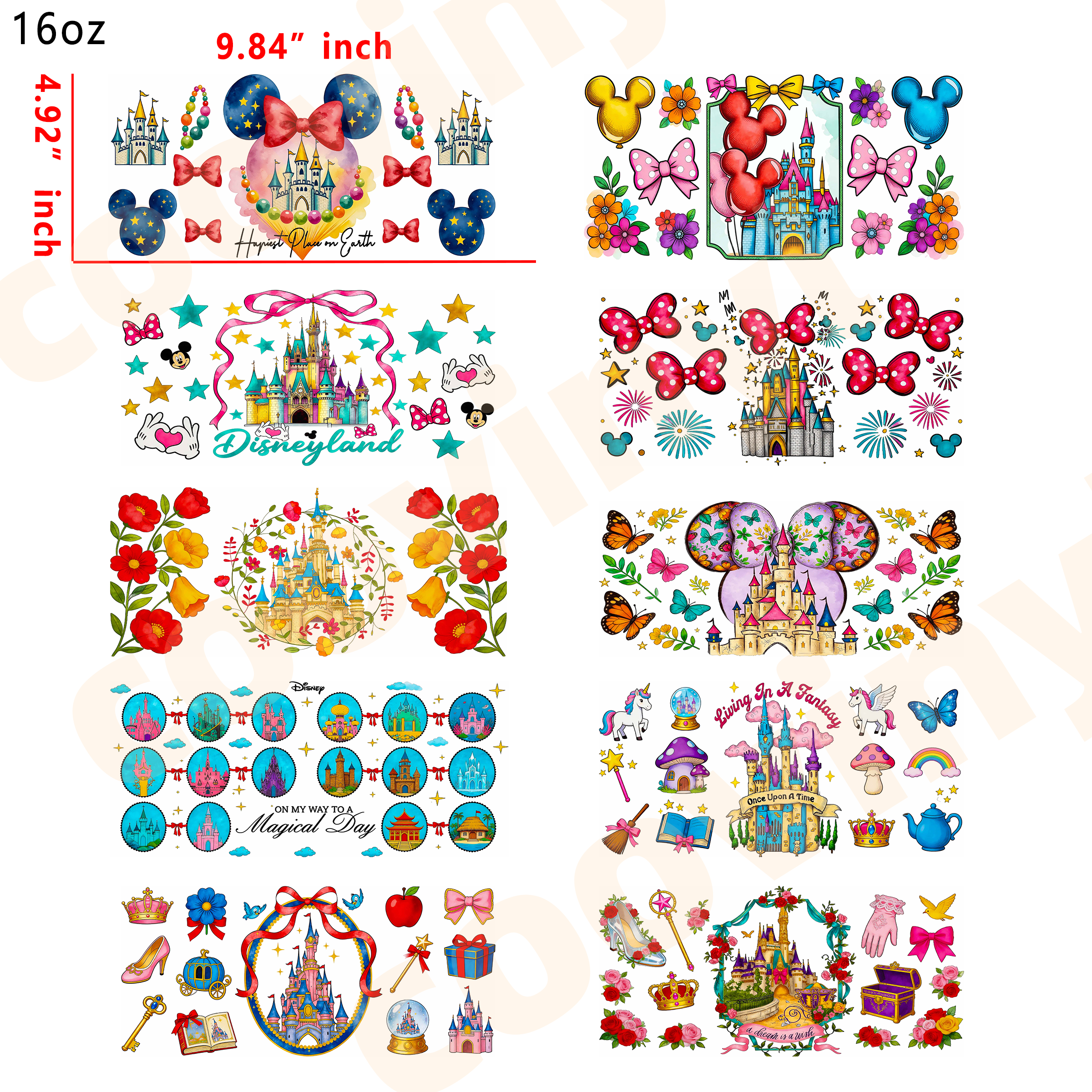 (R10) disney castle 10pcs  16OZ Tumbler Cup Wraps, Waterproof Fade-Resistant Decal Stickers, Vivid HD Print with Strong Adhesion, Customizable Transfers for Glass Cups, Mugs & Smooth Surfaces, DIY Art Craft Supplies