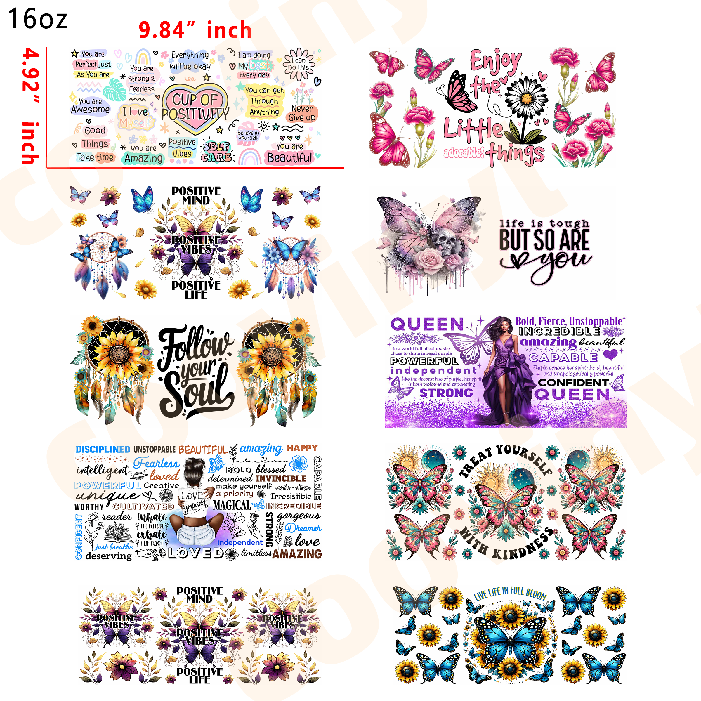 (X26) inspiration 10pcs  16OZ Tumbler Cup Wraps, Waterproof Fade-Resistant Decal Stickers, Vivid HD Print with Strong Adhesion, Customizable Transfers for Glass Cups, Mugs & Smooth Surfaces, DIY Art Craft Supplies