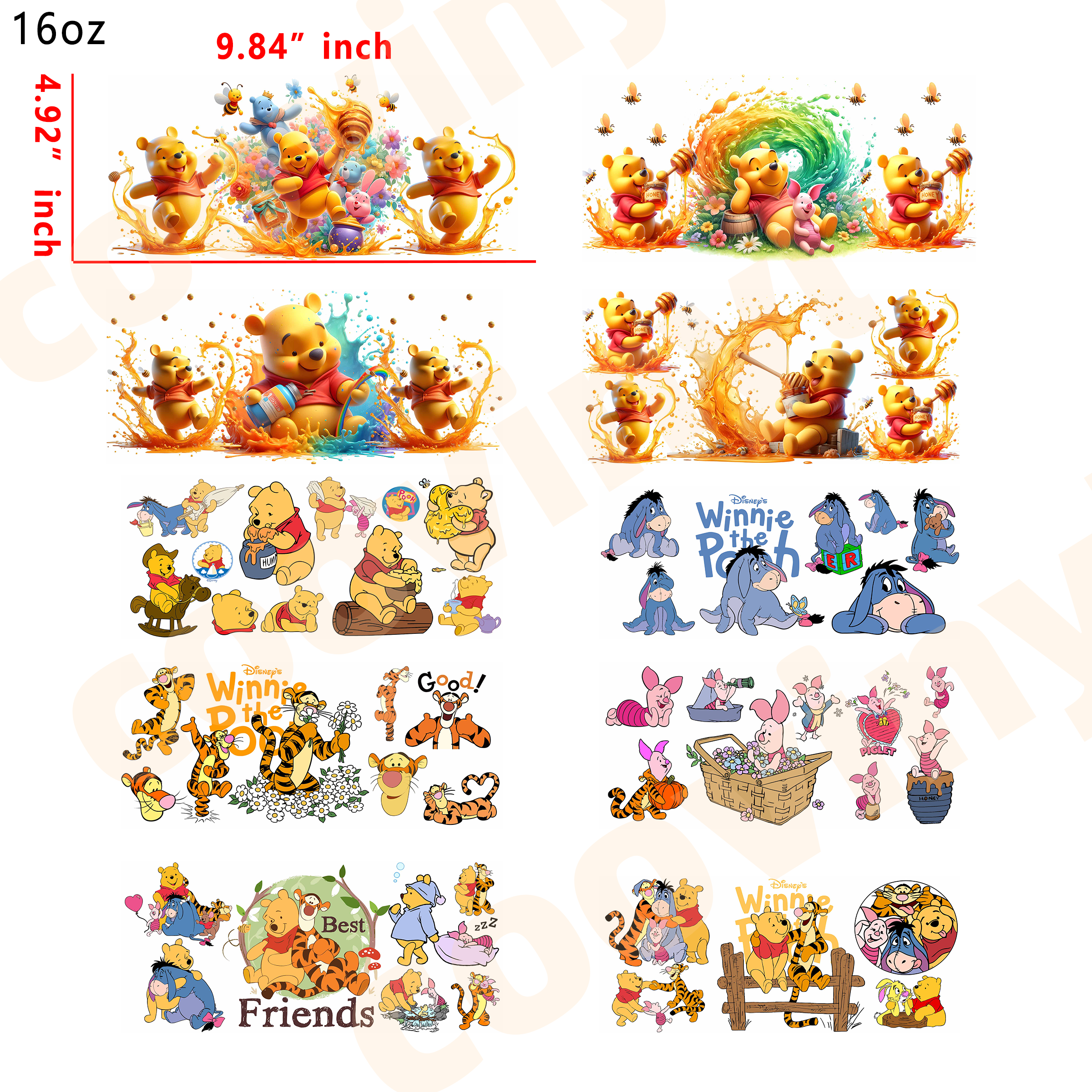 (X65) winnie the pooh 10pcs  16OZ Tumbler Cup Wraps, Waterproof Fade-Resistant Decal Stickers, Vivid HD Print with Strong Adhesion, Customizable Transfers for Glass Cups, Mugs & Smooth Surfaces, DIY Art Craft Supplies