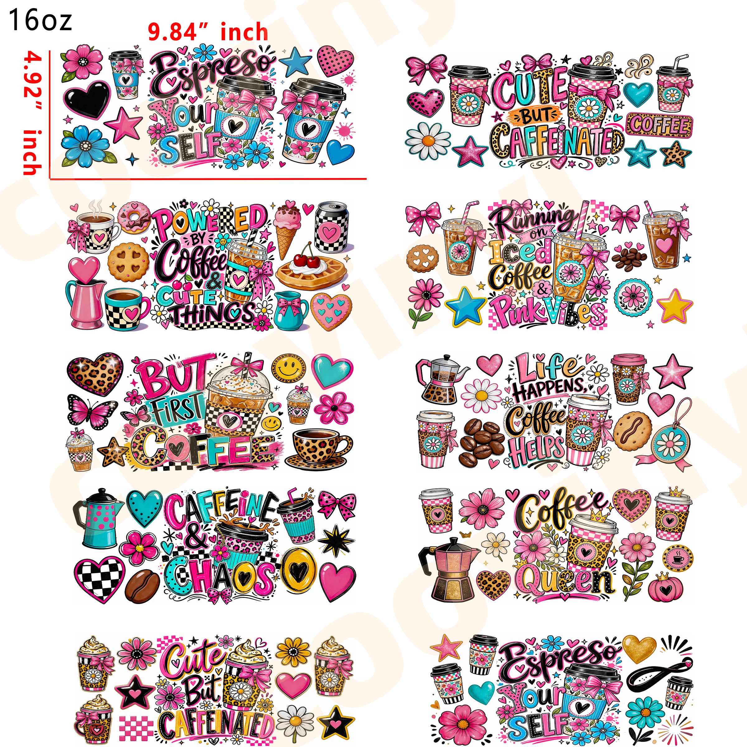 (E40) coffee 10pcs  16OZ Tumbler Cup Wraps, Waterproof Fade-Resistant Decal Stickers, Vivid HD Print with Strong Adhesion, Customizable Transfers for Glass Cups, Mugs & Smooth Surfaces, DIY Art Craft Supplies