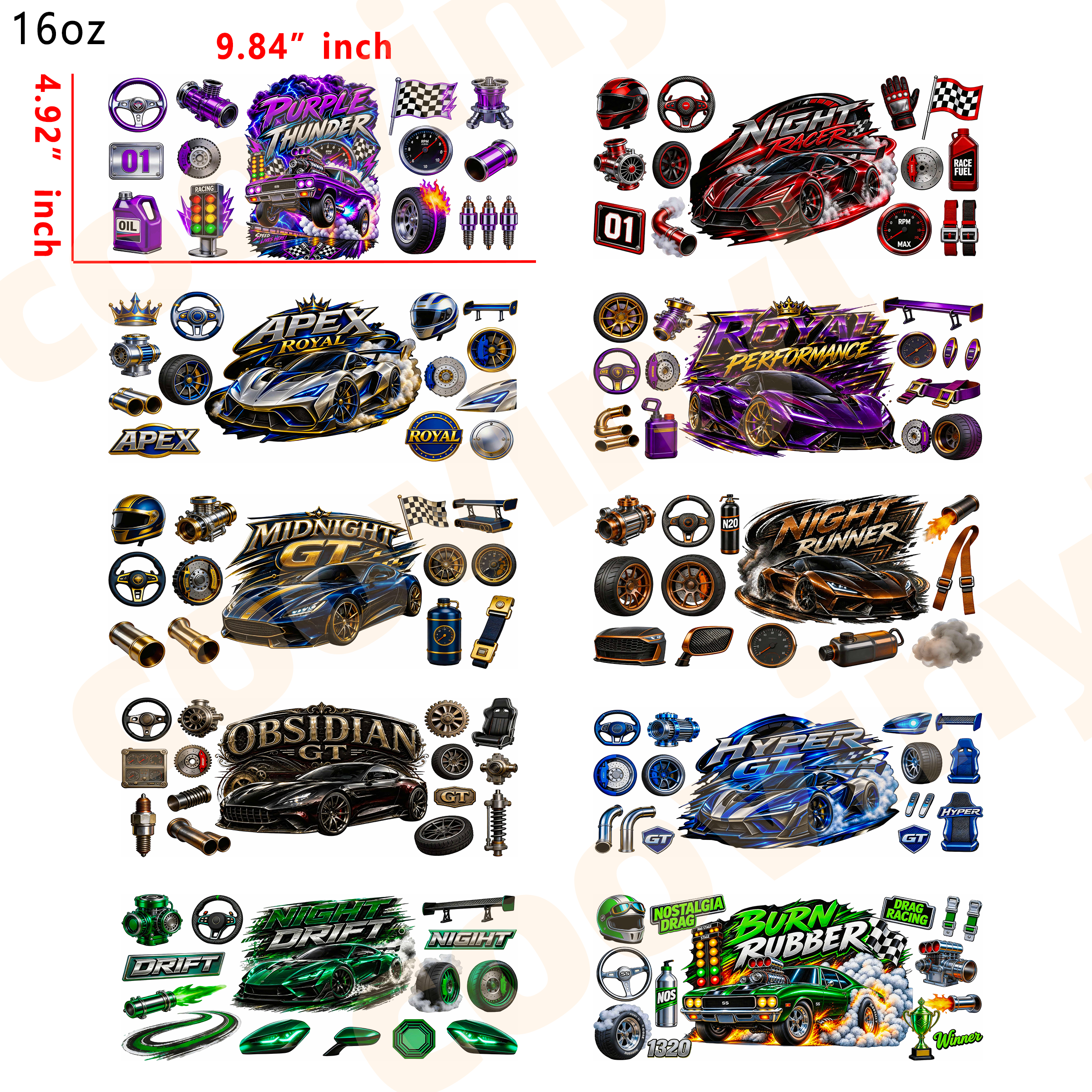 (E39) racing car 10pcs  16OZ Tumbler Cup Wraps, Waterproof Fade-Resistant Decal Stickers, Vivid HD Print with Strong Adhesion, Customizable Transfers for Glass Cups, Mugs & Smooth Surfaces, DIY Art Craft Supplies