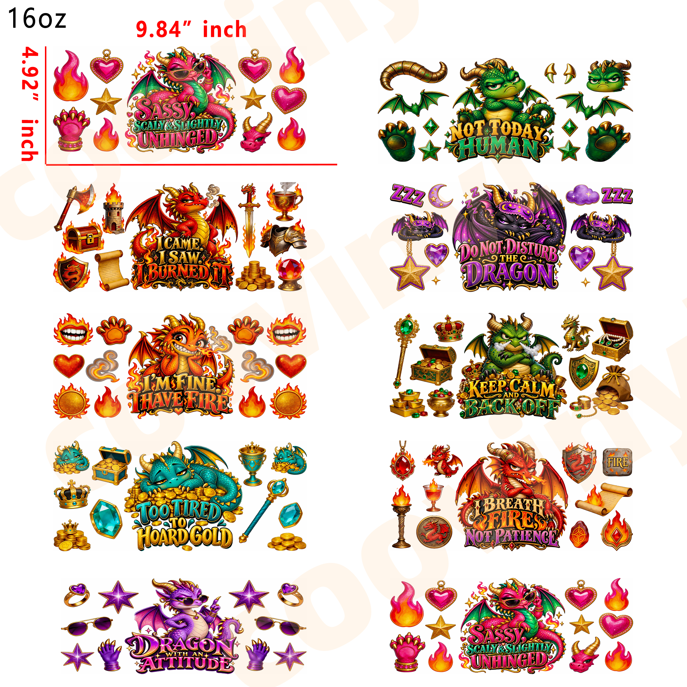 (E38) sassy dragon 10pcs  16OZ Tumbler Cup Wraps, Waterproof Fade-Resistant Decal Stickers, Vivid HD Print with Strong Adhesion, Customizable Transfers for Glass Cups, Mugs & Smooth Surfaces, DIY Art Craft Supplies