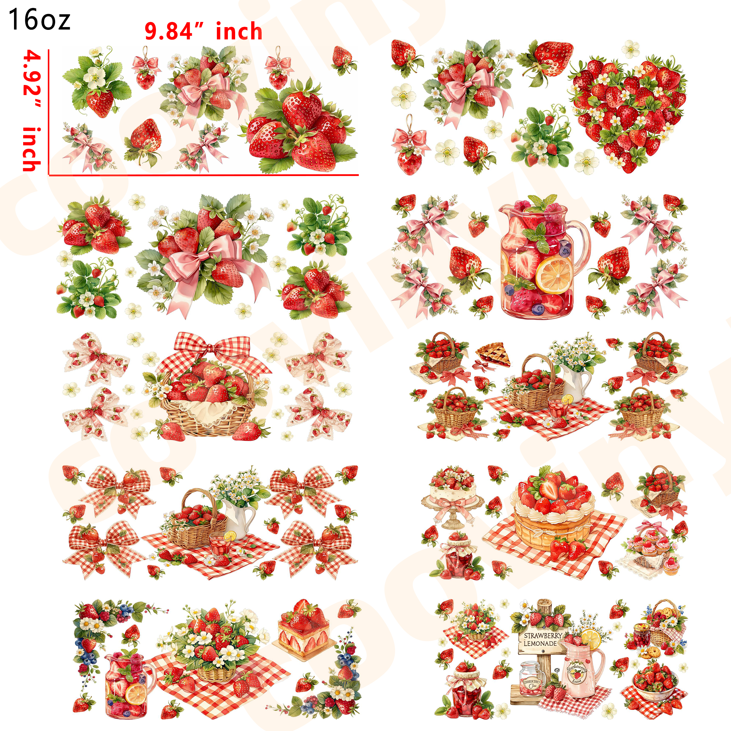 (E45) strawberry 10pcs  16OZ Tumbler Cup Wraps, Waterproof Fade-Resistant Decal Stickers, Vivid HD Print with Strong Adhesion, Customizable Transfers for Glass Cups, Mugs & Smooth Surfaces, DIY Art Craft Supplies