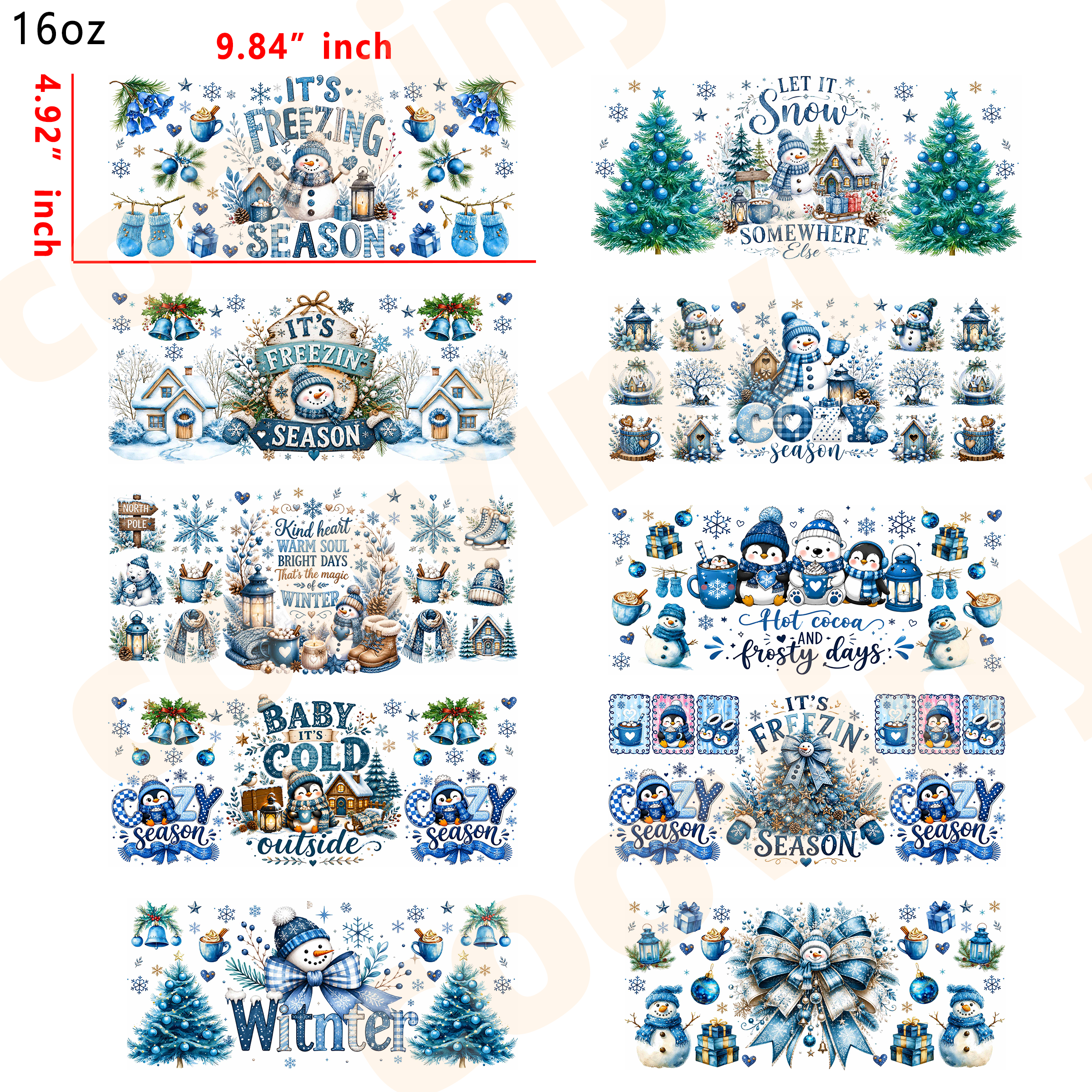 (E22) winter 10pcs  16OZ Tumbler Cup Wraps, Waterproof Fade-Resistant Decal Stickers, Vivid HD Print with Strong Adhesion, Customizable Transfers for Glass Cups, Mugs & Smooth Surfaces, DIY Art Craft Supplies