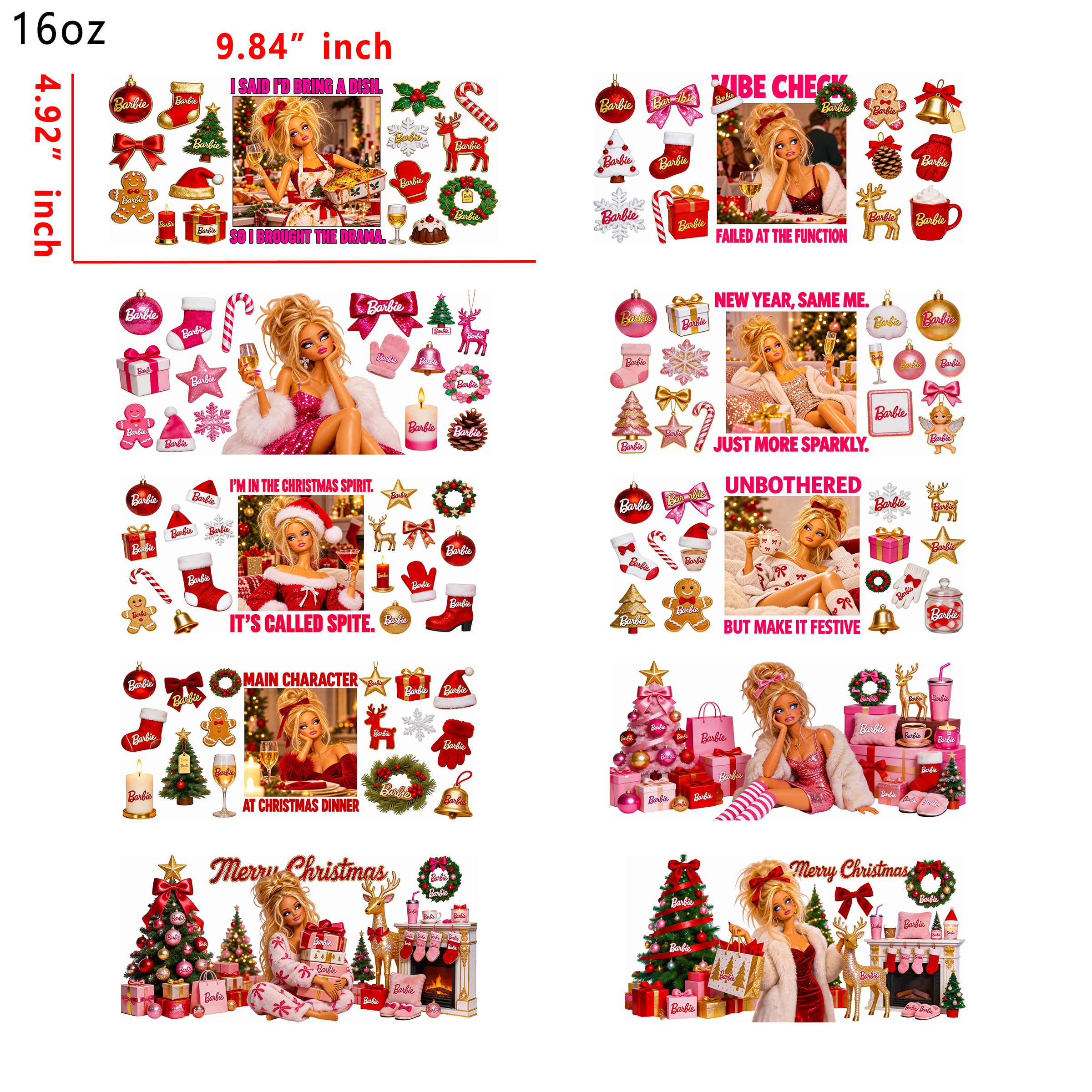 (K25) Christmas barbie 10pcs  16OZ Tumbler Cup Wraps, Waterproof Fade-Resistant Decal Stickers, Vivid HD Print with Strong Adhesion, Customizable Transfers for Glass Cups, Mugs & Smooth Surfaces, DIY Art Craft Supplies