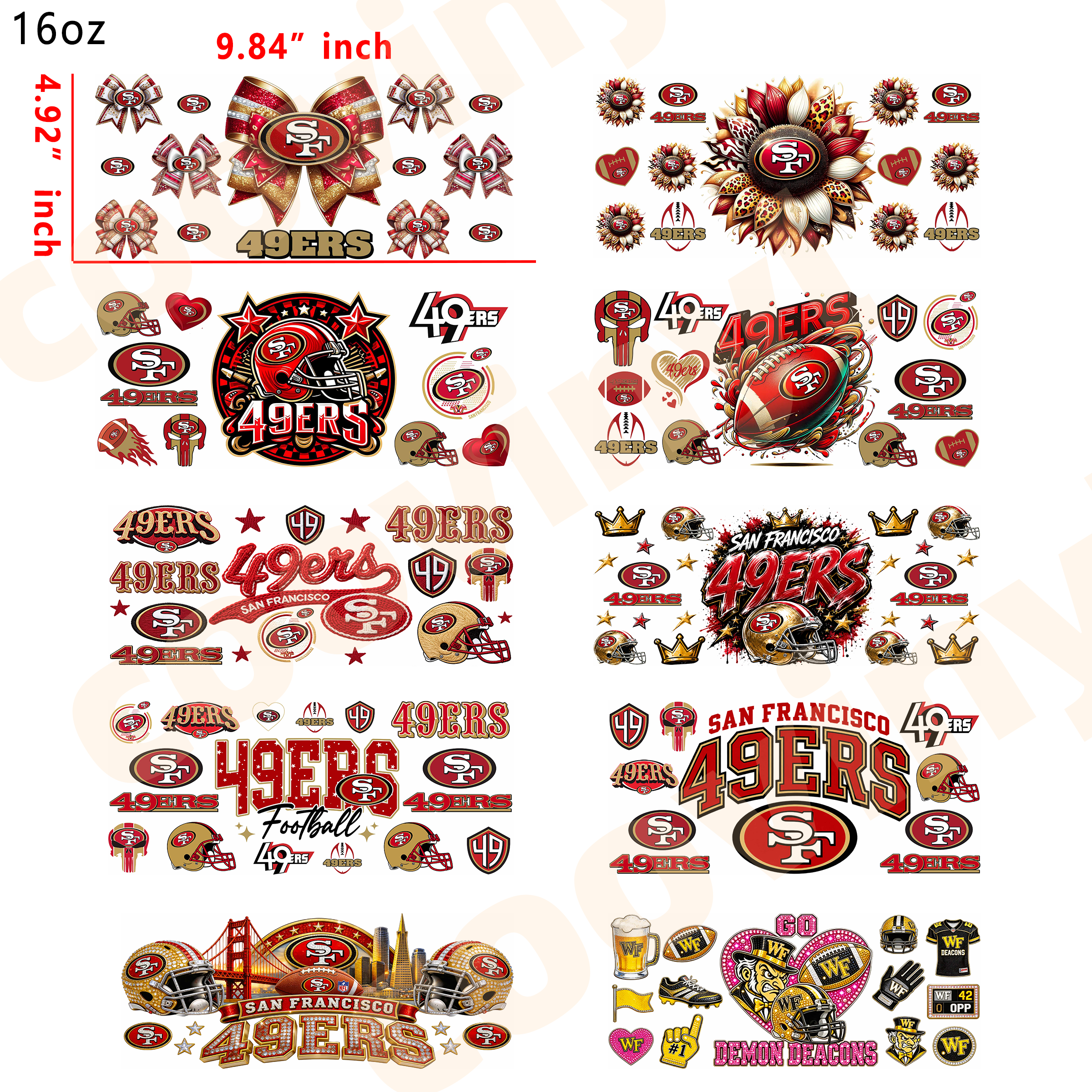 (K26) Rugby 49ers  10pcs  16OZ Tumbler Cup Wraps, Waterproof Fade-Resistant Decal Stickers, Vivid HD Print with Strong Adhesion, Customizable Transfers for Glass Cups, Mugs & Smooth Surfaces, DIY Art Craft Supplies