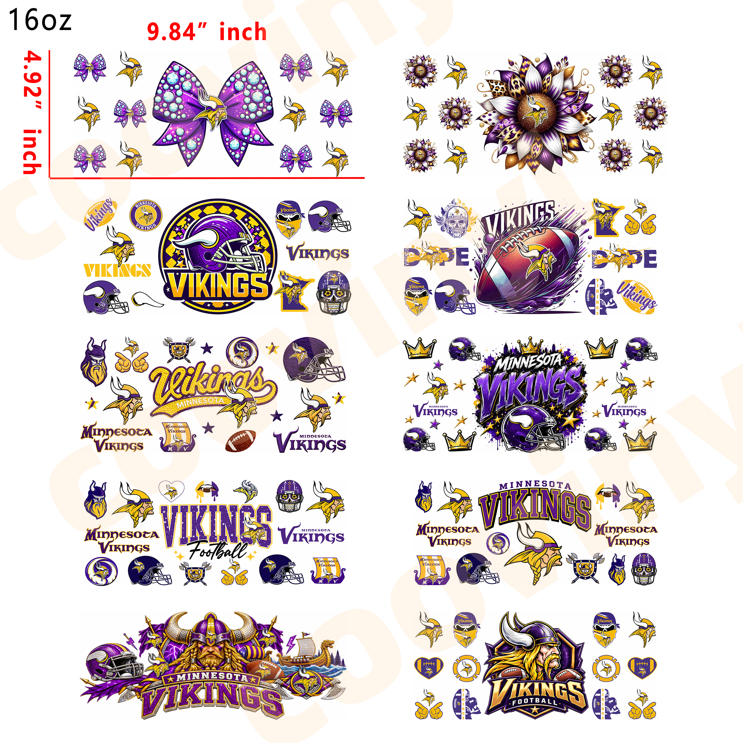 (K46) Rugby VIKINGS 10pcs  16OZ Tumbler Cup Wraps, Waterproof Fade-Resistant Decal Stickers, Vivid HD Print with Strong Adhesion, Customizable Transfers for Glass Cups, Mugs & Smooth Surfaces, DIY Art Craft Supplies