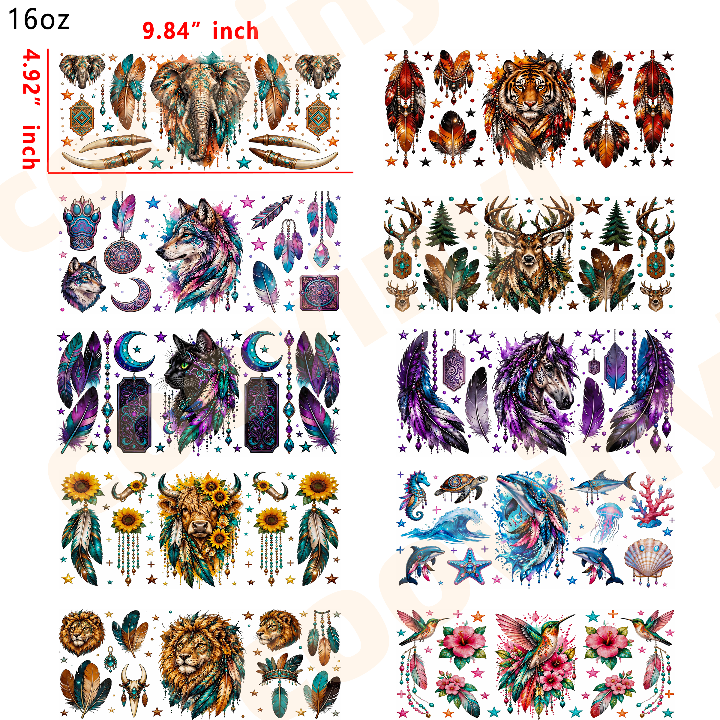 (K5) animal mix  10pcs  16OZ Tumbler Cup Wraps, Waterproof Fade-Resistant Decal Stickers, Vivid HD Print with Strong Adhesion, Customizable Transfers for Glass Cups, Mugs & Smooth Surfaces, DIY Art Craft Supplies
