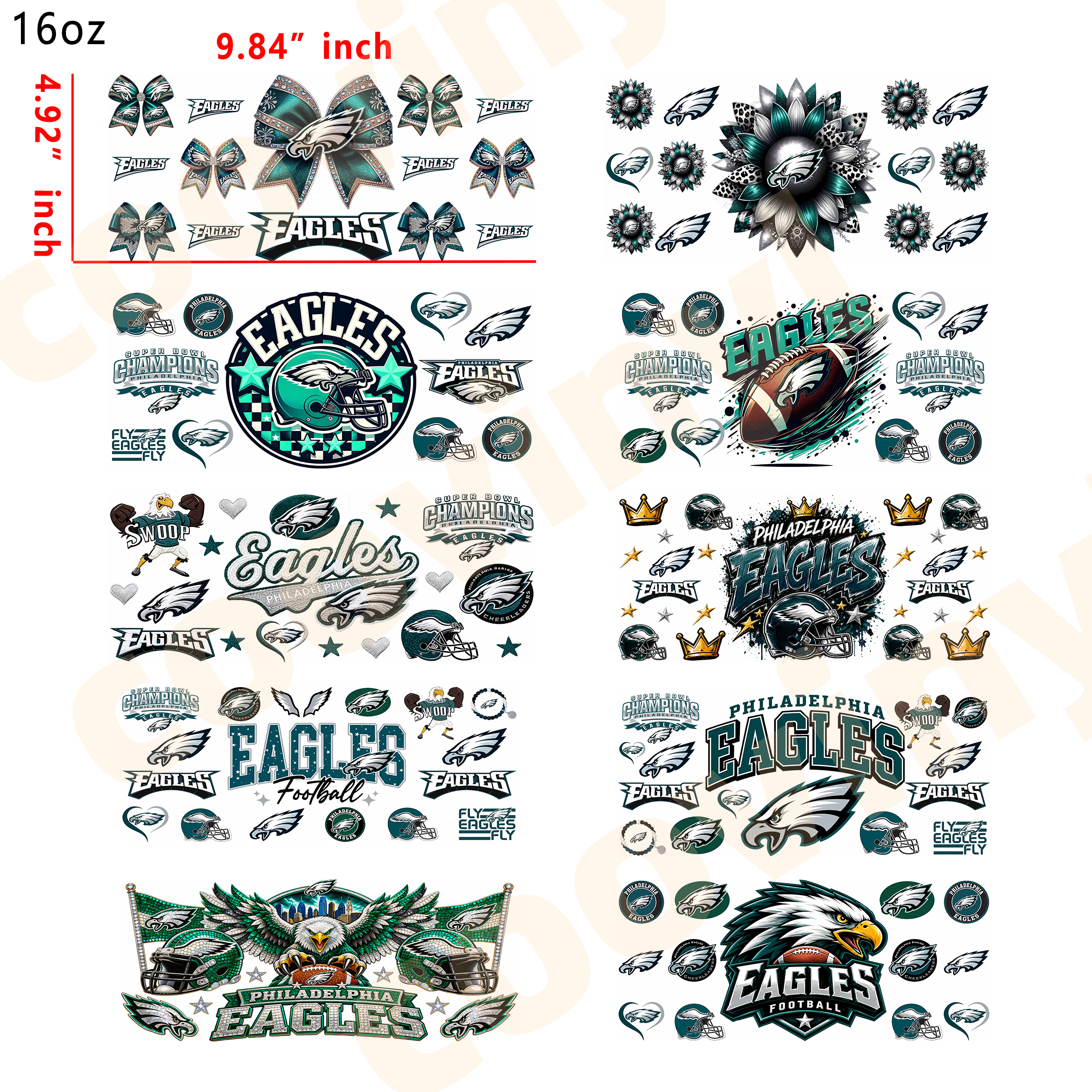 (K50) Rugby EAGLES 10pcs  16OZ Tumbler Cup Wraps, Waterproof Fade-Resistant Decal Stickers, Vivid HD Print with Strong Adhesion, Customizable Transfers for Glass Cups, Mugs & Smooth Surfaces, DIY Art Craft Supplies