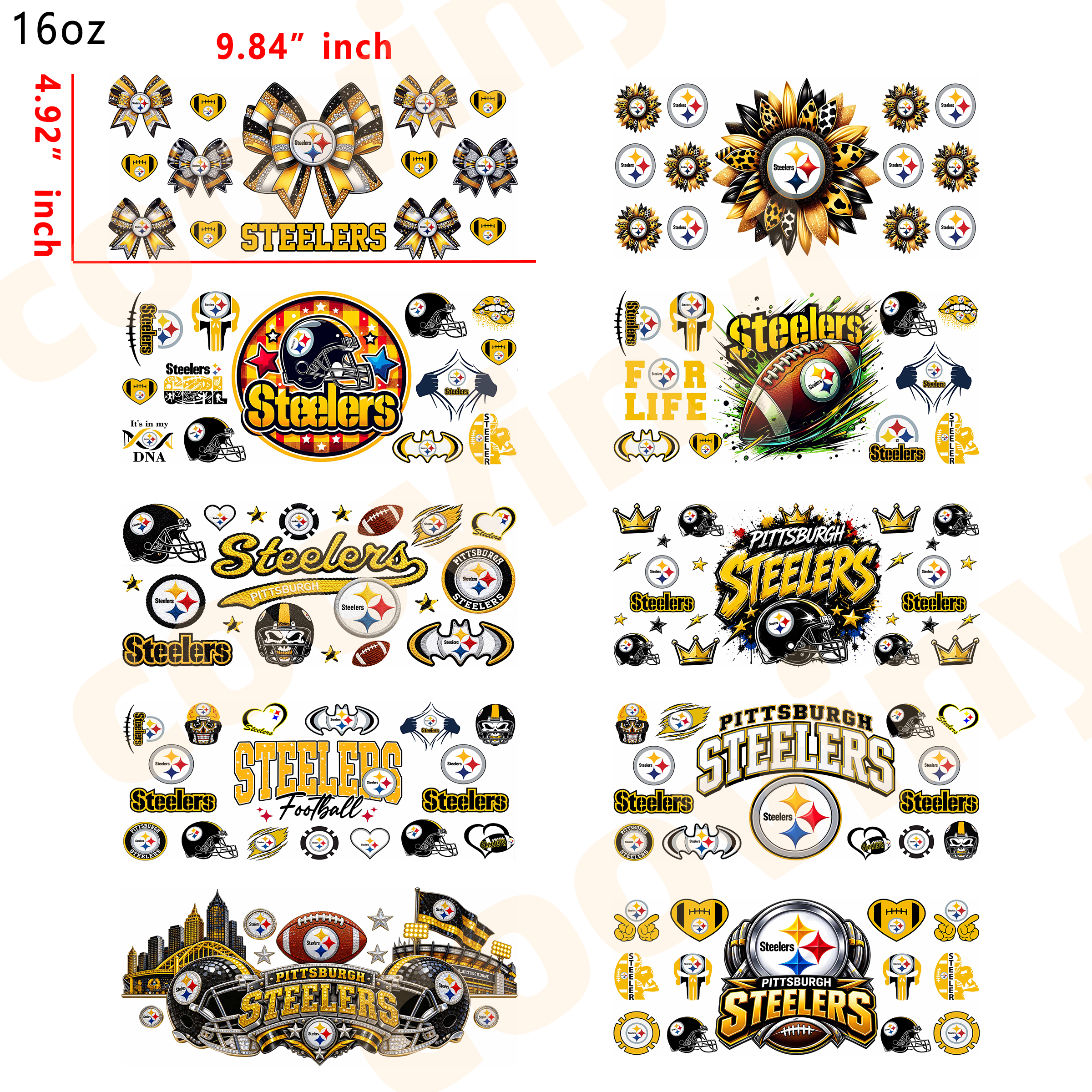 (K53) Rugby STEELERS  10pcs  16OZ Tumbler Cup Wraps, Waterproof Fade-Resistant Decal Stickers, Vivid HD Print with Strong Adhesion, Customizable Transfers for Glass Cups, Mugs & Smooth Surfaces, DIY Art Craft Supplies