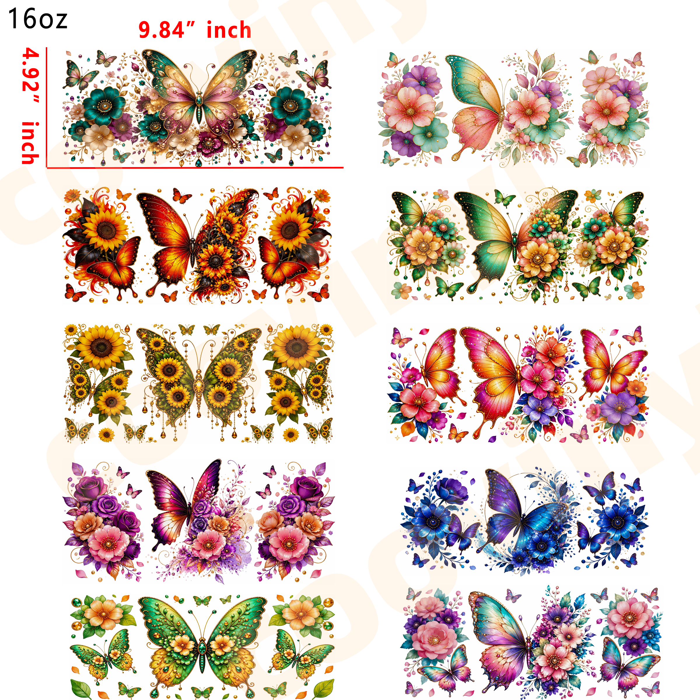 (K56) butterfly  10pcs  16OZ Tumbler Cup Wraps, Waterproof Fade-Resistant Decal Stickers, Vivid HD Print with Strong Adhesion, Customizable Transfers for Glass Cups, Mugs & Smooth Surfaces, DIY Art Craft Supplies