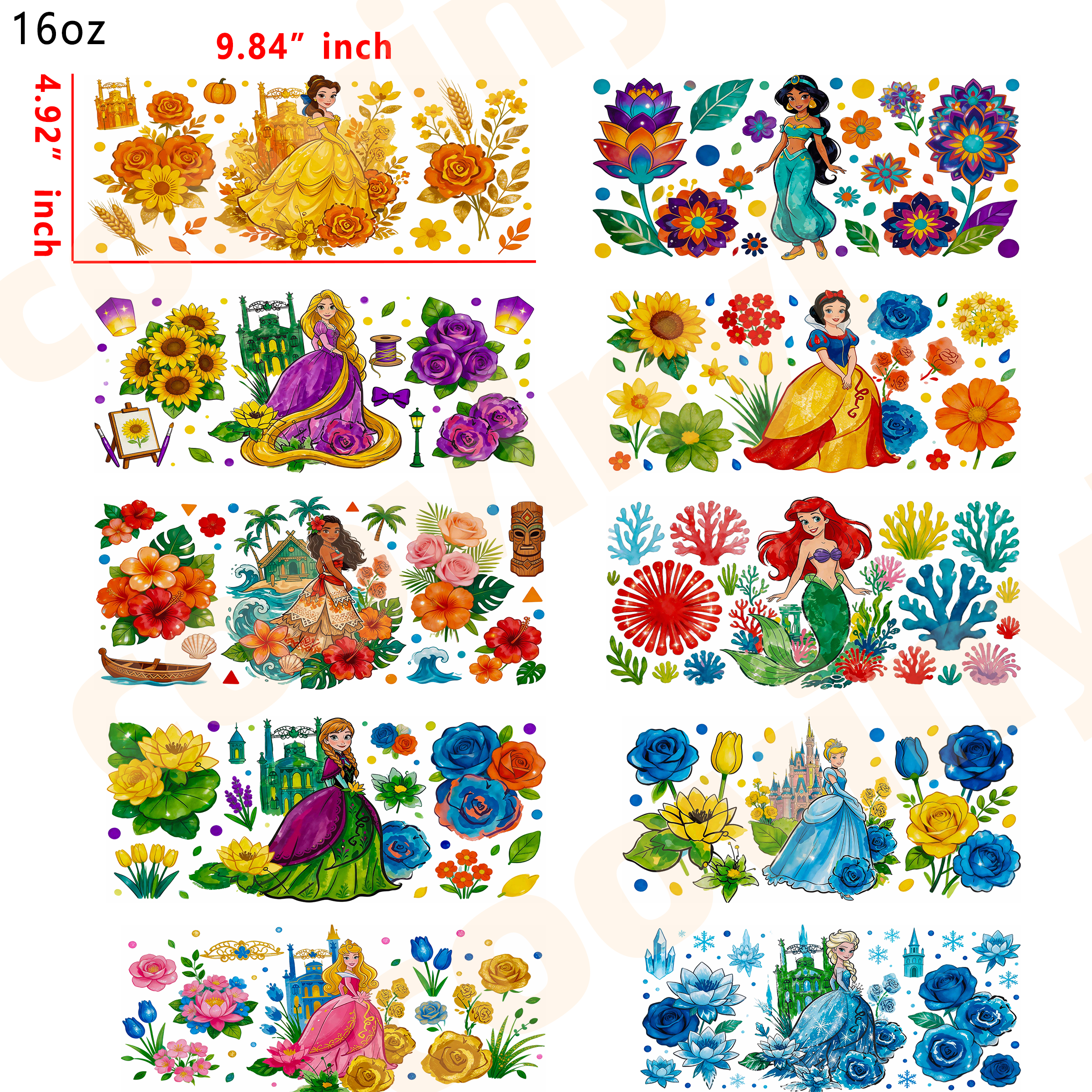 (K59) princess mix 10pcs  16OZ Tumbler Cup Wraps, Waterproof Fade-Resistant Decal Stickers, Vivid HD Print with Strong Adhesion, Customizable Transfers for Glass Cups, Mugs & Smooth Surfaces, DIY Art Craft Supplies
