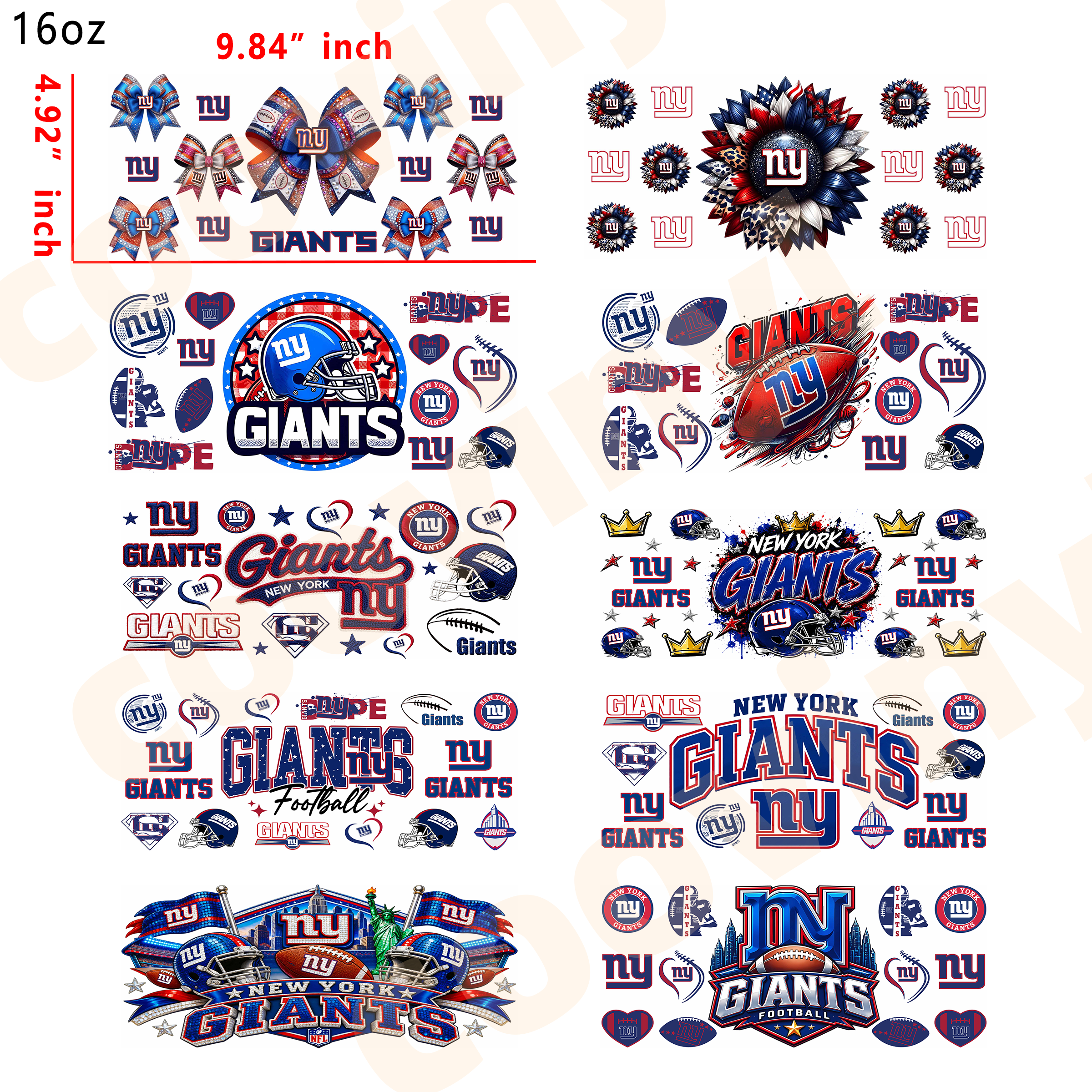 (K53) Rugby GIANTS 10pcs  16OZ Tumbler Cup Wraps, Waterproof Fade-Resistant Decal Stickers, Vivid HD Print with Strong Adhesion, Customizable Transfers for Glass Cups, Mugs & Smooth Surfaces, DIY Art Craft Supplies