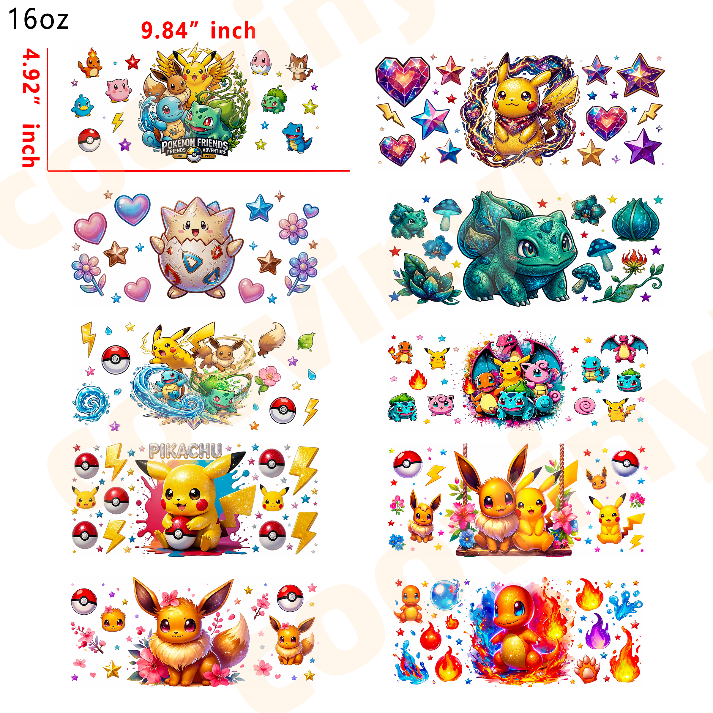 (L39) Pokémon 10pcs  16OZ Tumbler Cup Wraps, Waterproof Fade-Resistant Decal Stickers, Vivid HD Print with Strong Adhesion, Customizable Transfers for Glass Cups, Mugs & Smooth Surfaces, DIY Art Craft Supplies