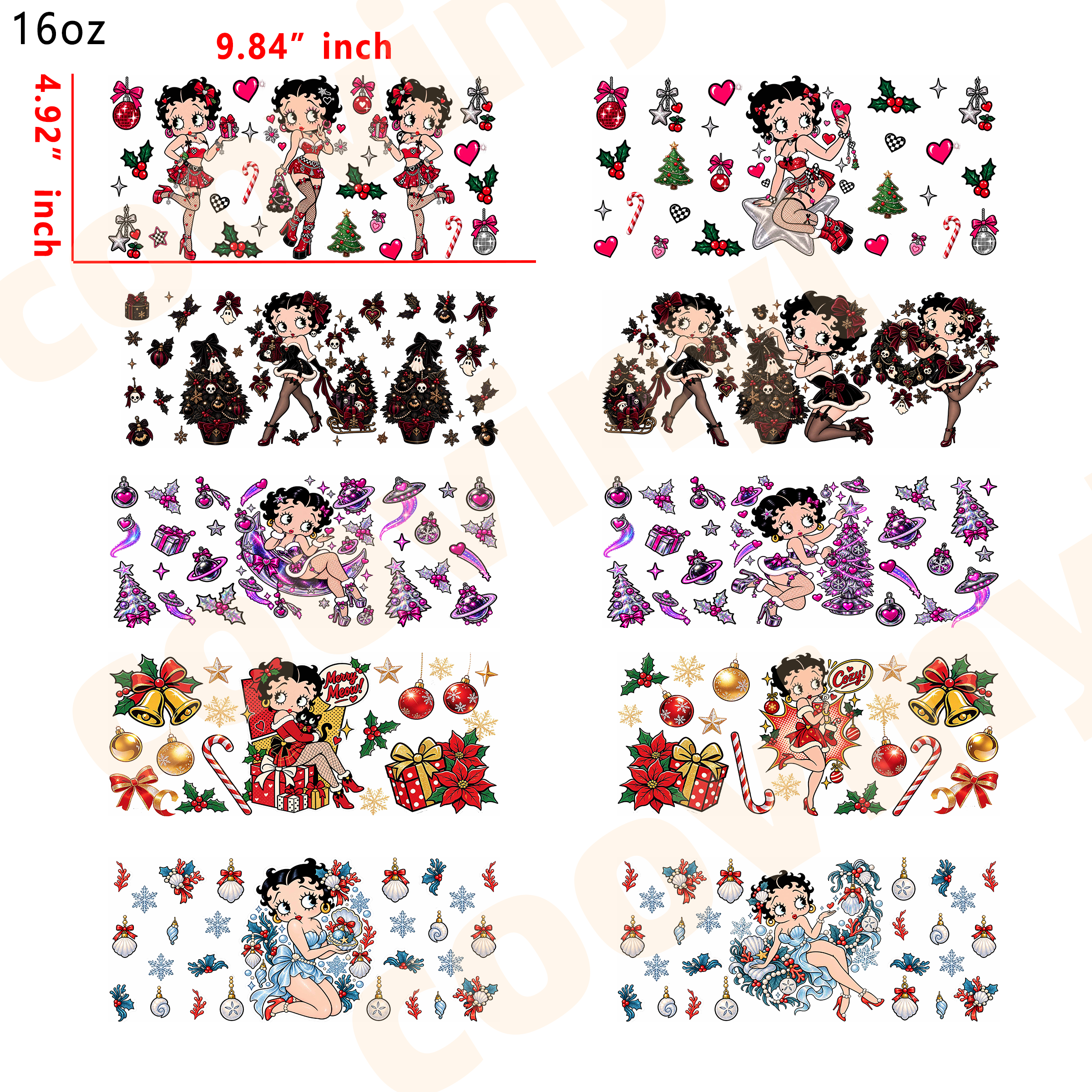 (M36) Christmas betty 10pcs  16OZ Tumbler Cup Wraps, Waterproof Fade-Resistant Decal Stickers, Vivid HD Print with Strong Adhesion, Customizable Transfers for Glass Cups, Mugs & Smooth Surfaces, DIY Art Craft Supplies