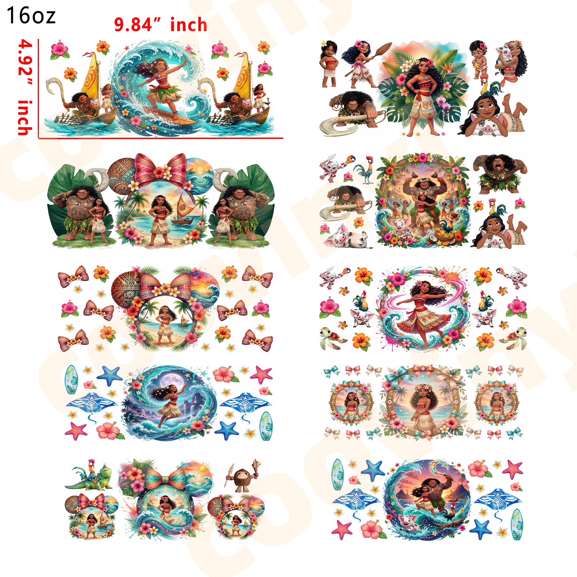 (M49) Moana 10pcs  16OZ Tumbler Cup Wraps, Waterproof Fade-Resistant Decal Stickers, Vivid HD Print with Strong Adhesion, Customizable Transfers for Glass Cups, Mugs & Smooth Surfaces, DIY Art Craft Supplies