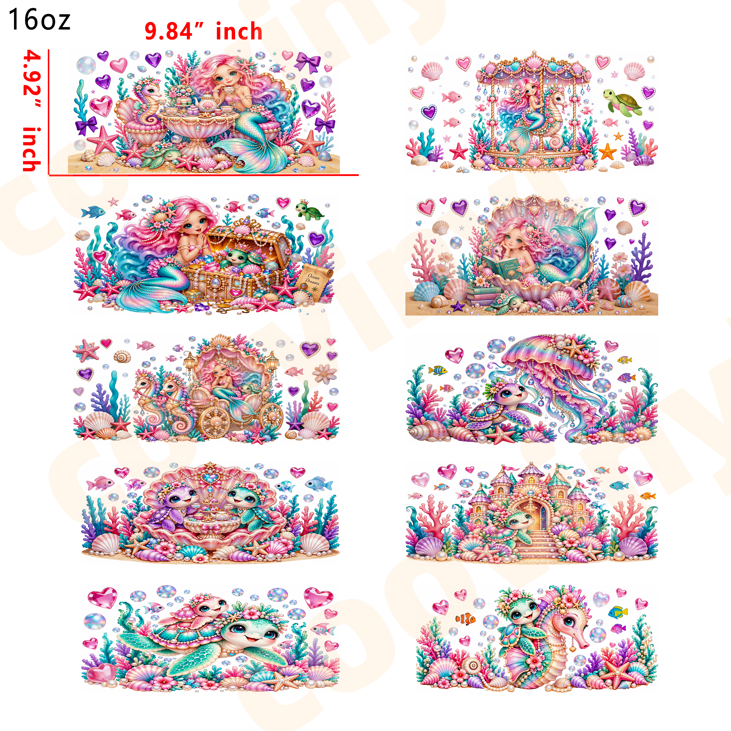 (T23) sea creature 10pcs  16OZ Tumbler Cup Wraps, Waterproof Fade-Resistant Decal Stickers, Vivid HD Print with Strong Adhesion, Customizable Transfers for Glass Cups, Mugs & Smooth Surfaces, DIY Art Craft Supplies