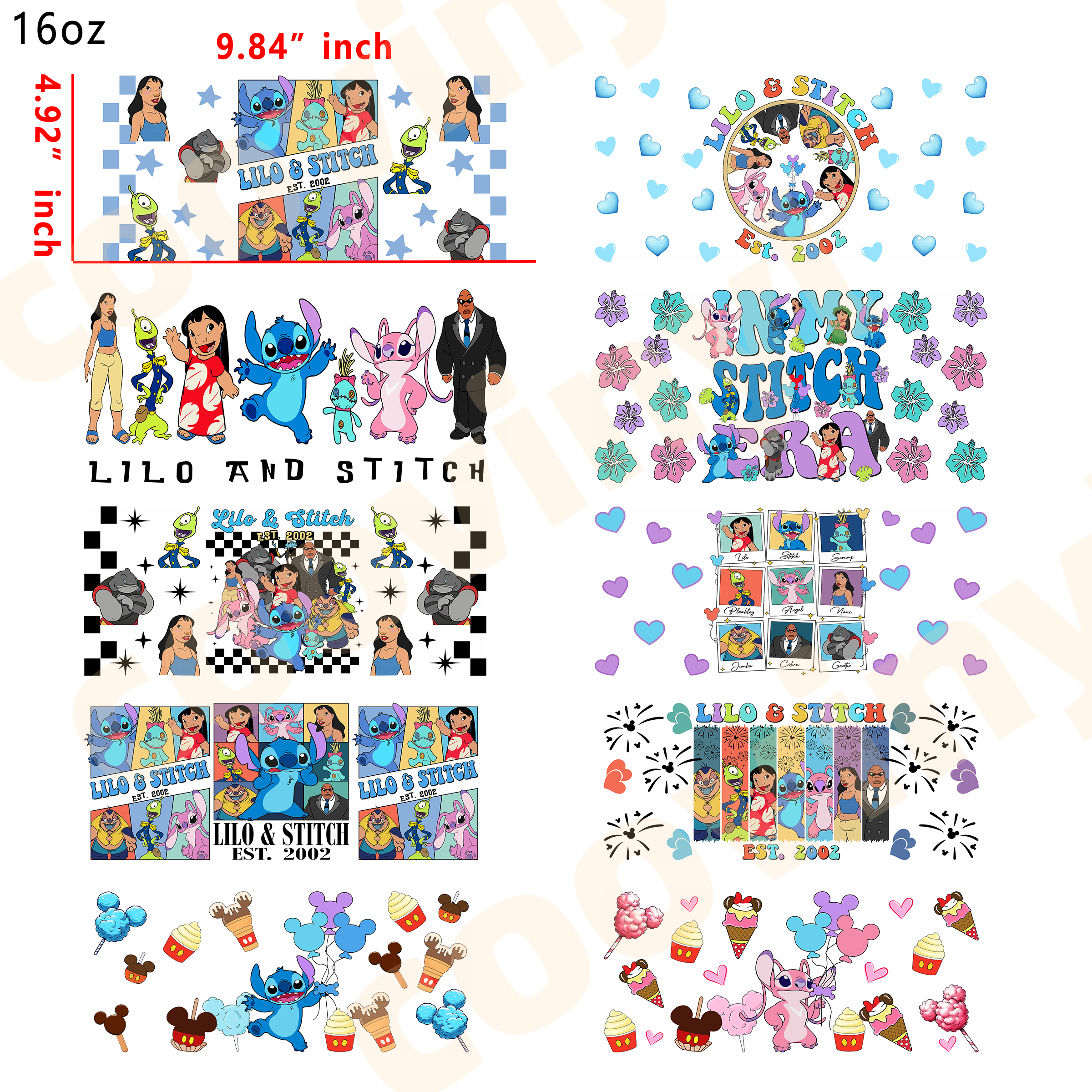 (T3) stitch 10pcs  16OZ Tumbler Cup Wraps, Waterproof Fade-Resistant Decal Stickers, Vivid HD Print with Strong Adhesion, Customizable Transfers for Glass Cups, Mugs & Smooth Surfaces, DIY Art Craft Supplies