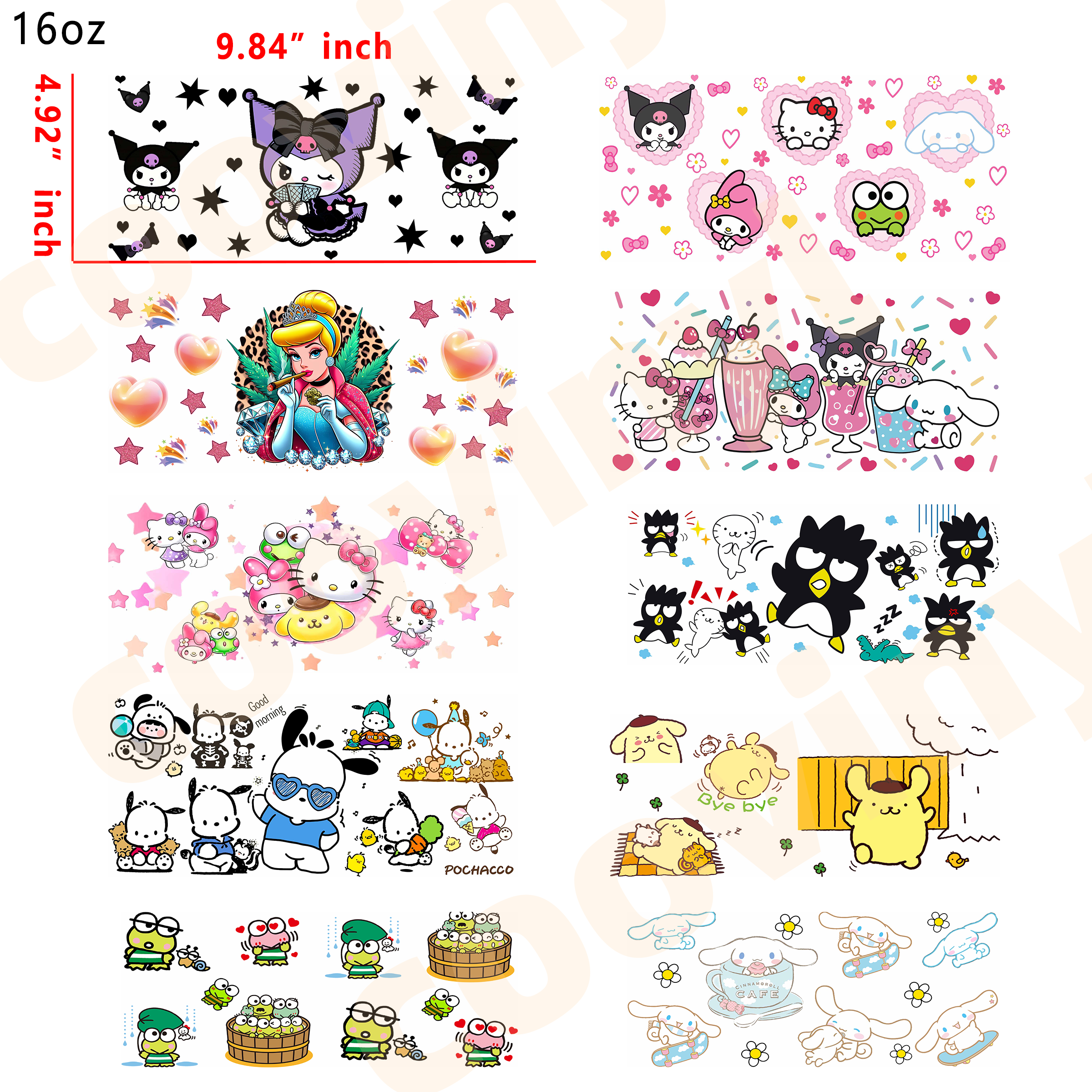 (U27) sanrio 10pcs  16OZ Tumbler Cup Wraps, Waterproof Fade-Resistant Decal Stickers, Vivid HD Print with Strong Adhesion, Customizable Transfers for Glass Cups, Mugs & Smooth Surfaces, DIY Art Craft Supplies