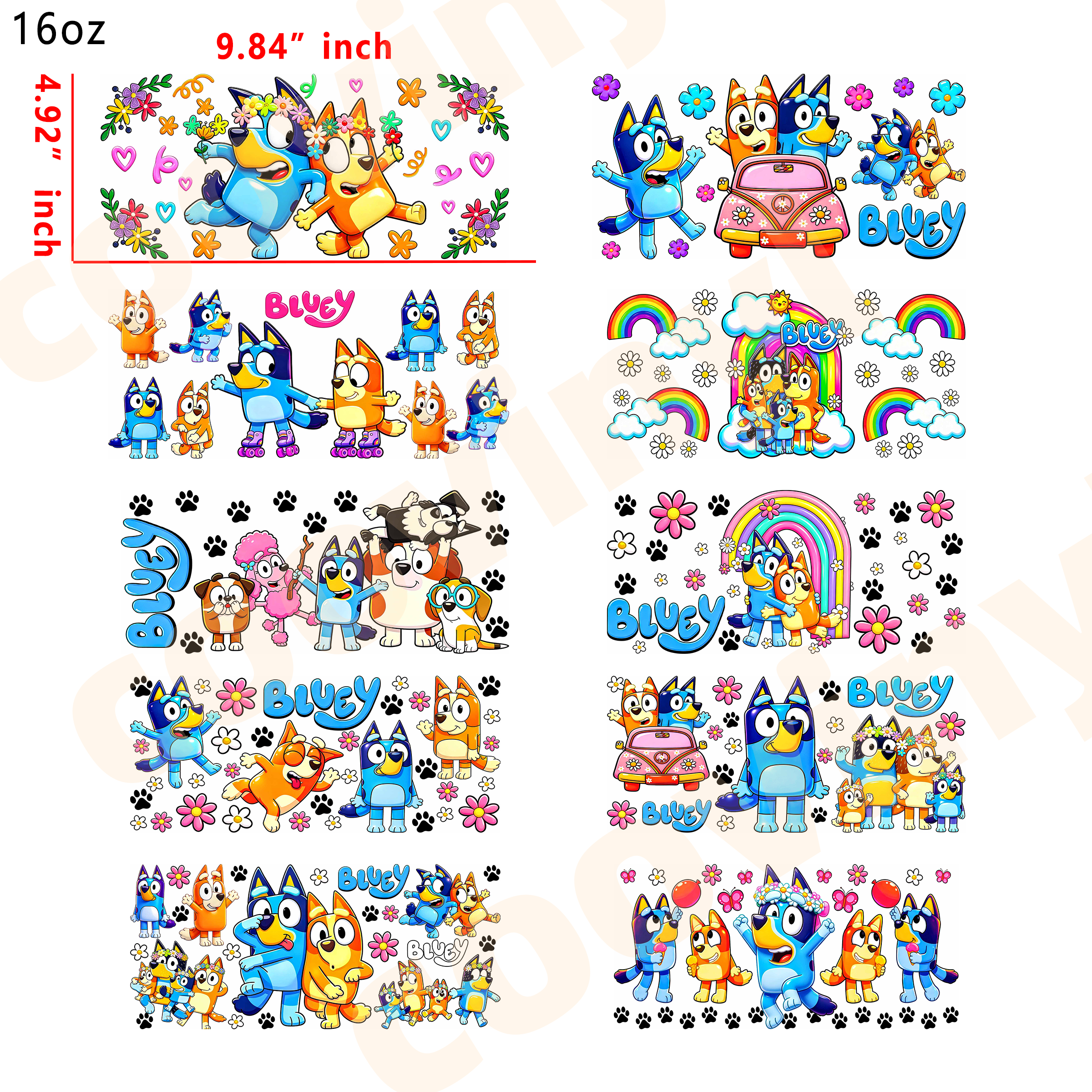 (X8) bluey 10pcs  16OZ Tumbler Cup Wraps, Waterproof Fade-Resistant Decal Stickers, Vivid HD Print with Strong Adhesion, Customizable Transfers for Glass Cups, Mugs & Smooth Surfaces, DIY Art Craft Supplies